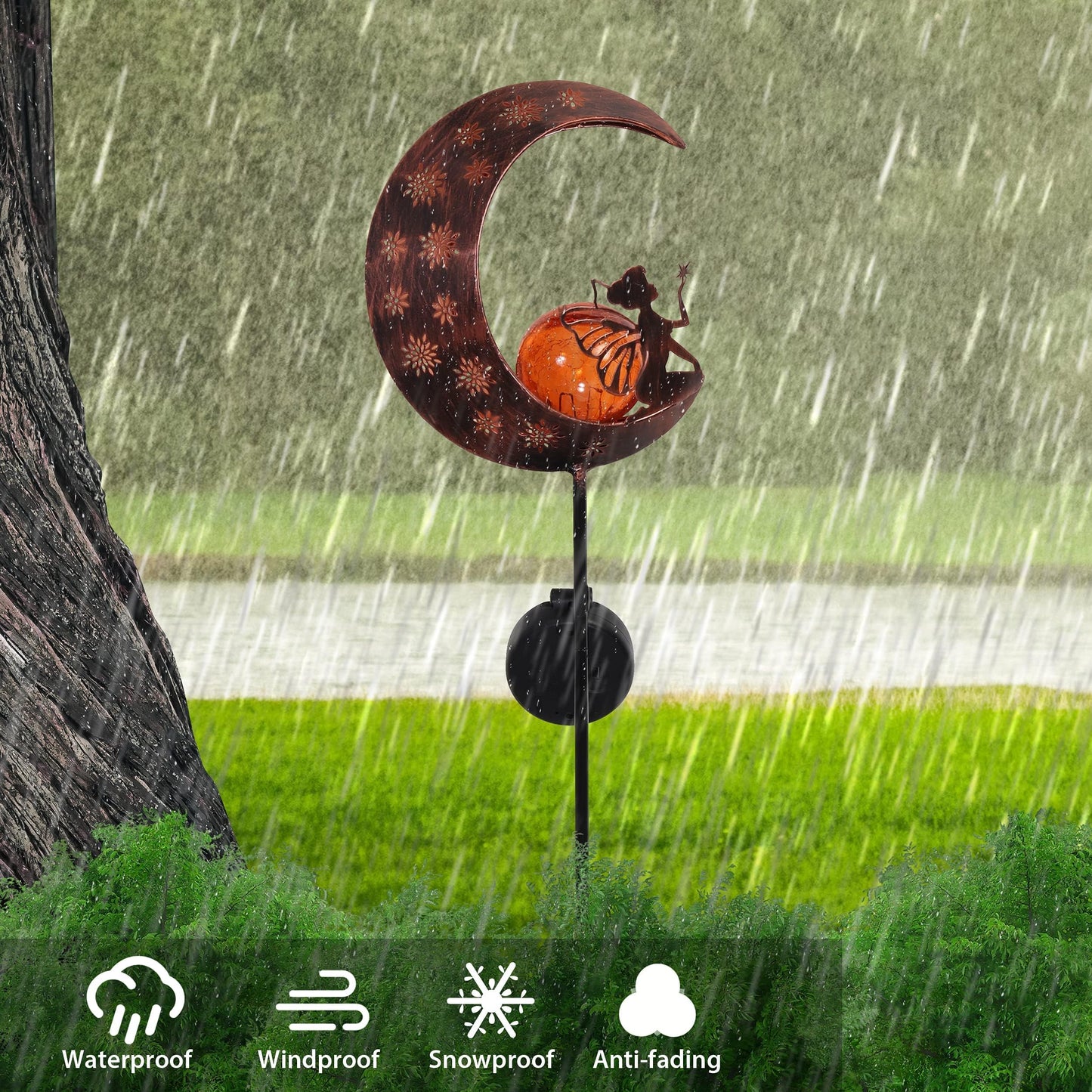 TERESA'S COLLECTIONS Large Garden Ornaments Outdoor, Gifts for Women, Metal Fairy Sitting on Moon Solar Lights Outdoor Garden, Solar Stake Lights with Crackle Glass Ball for Lawn, Path, 40inch