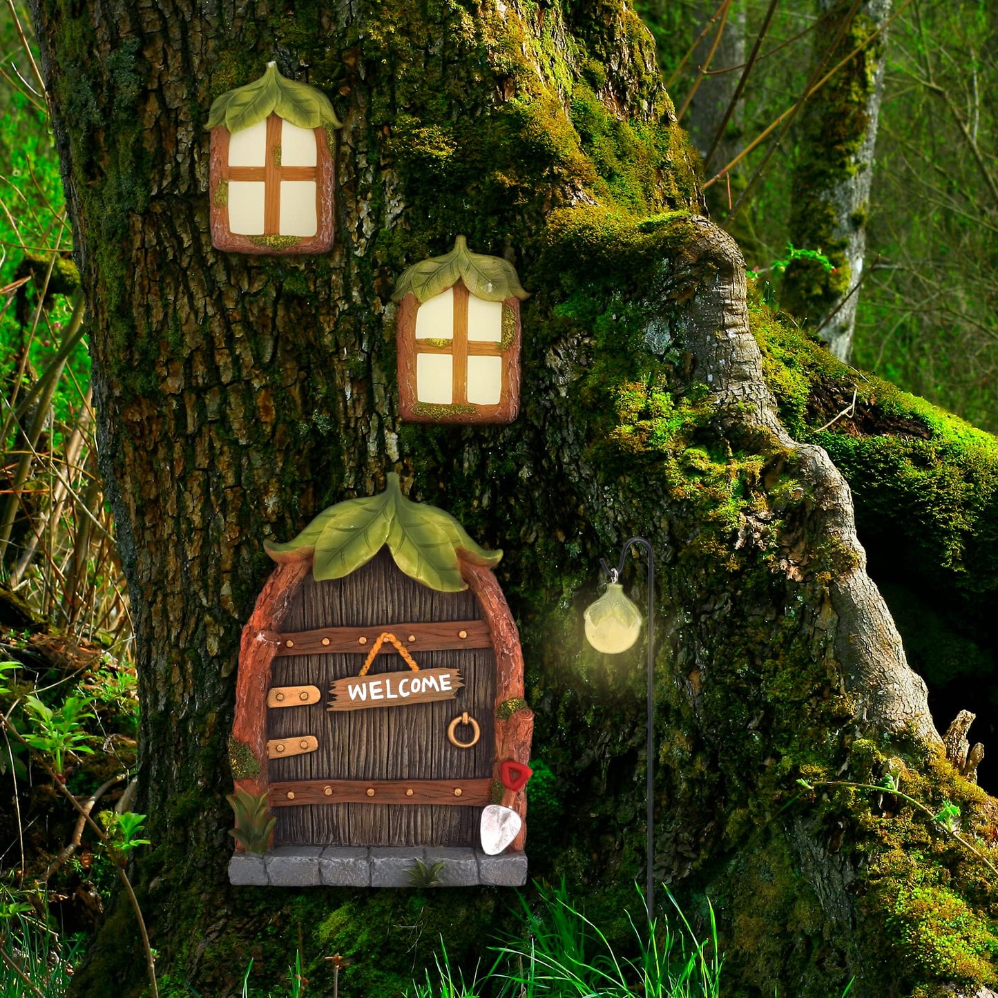 Bemodst Fairy Door, Miniature Garden Ornament with 2 Glowing Windows, Garden Sculpture Tree Decoration, Outdoor Patio Art Tree Decoration Garden