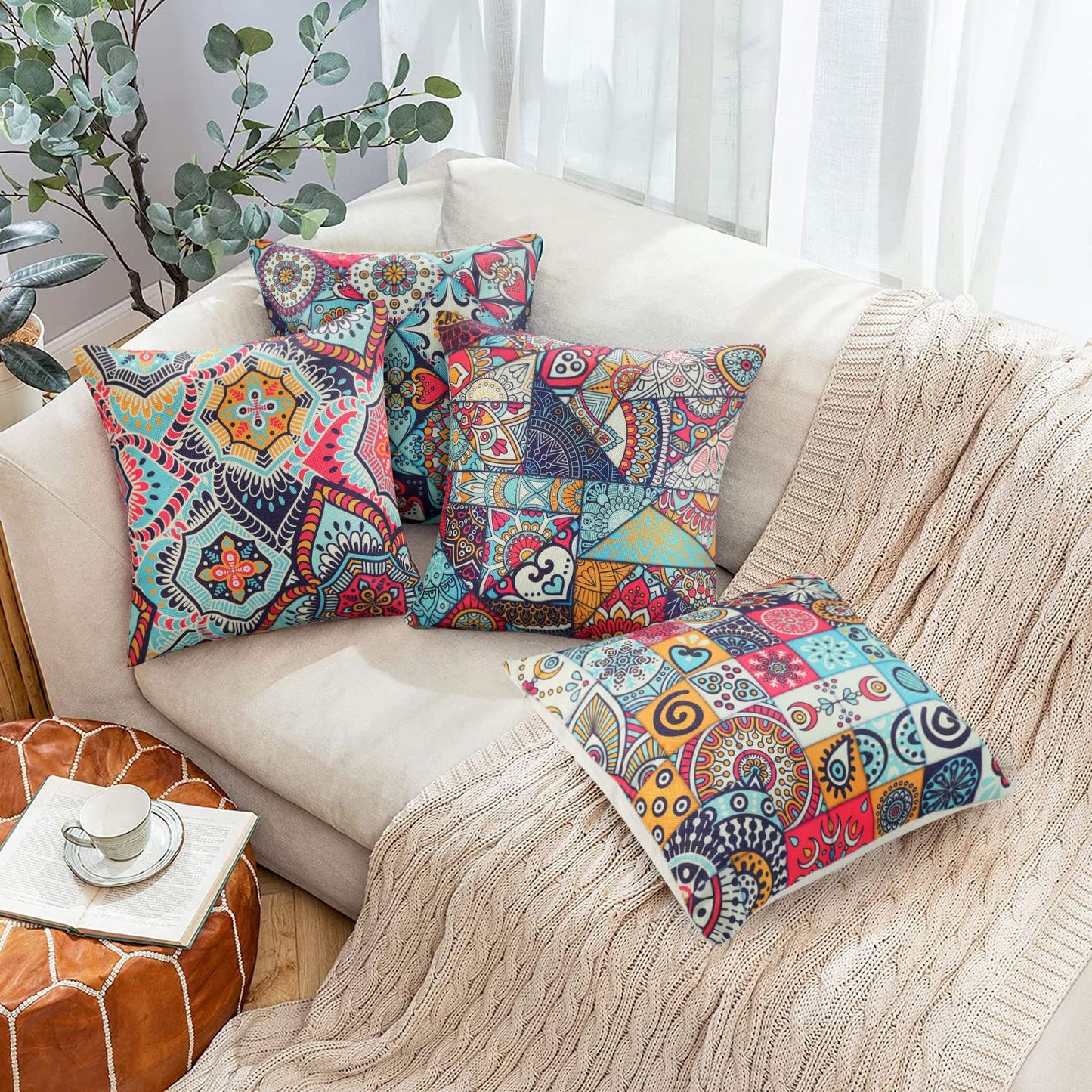 Velvhom Pack of 4 Outdoor Waterproof Cushion Covers 45 x 45cm Ethnic Pillow Case Mandala Floral Throw Pillow Cover Colourful Art Modern Hippy for Garden Patio Bench Sofa Outside Furniture