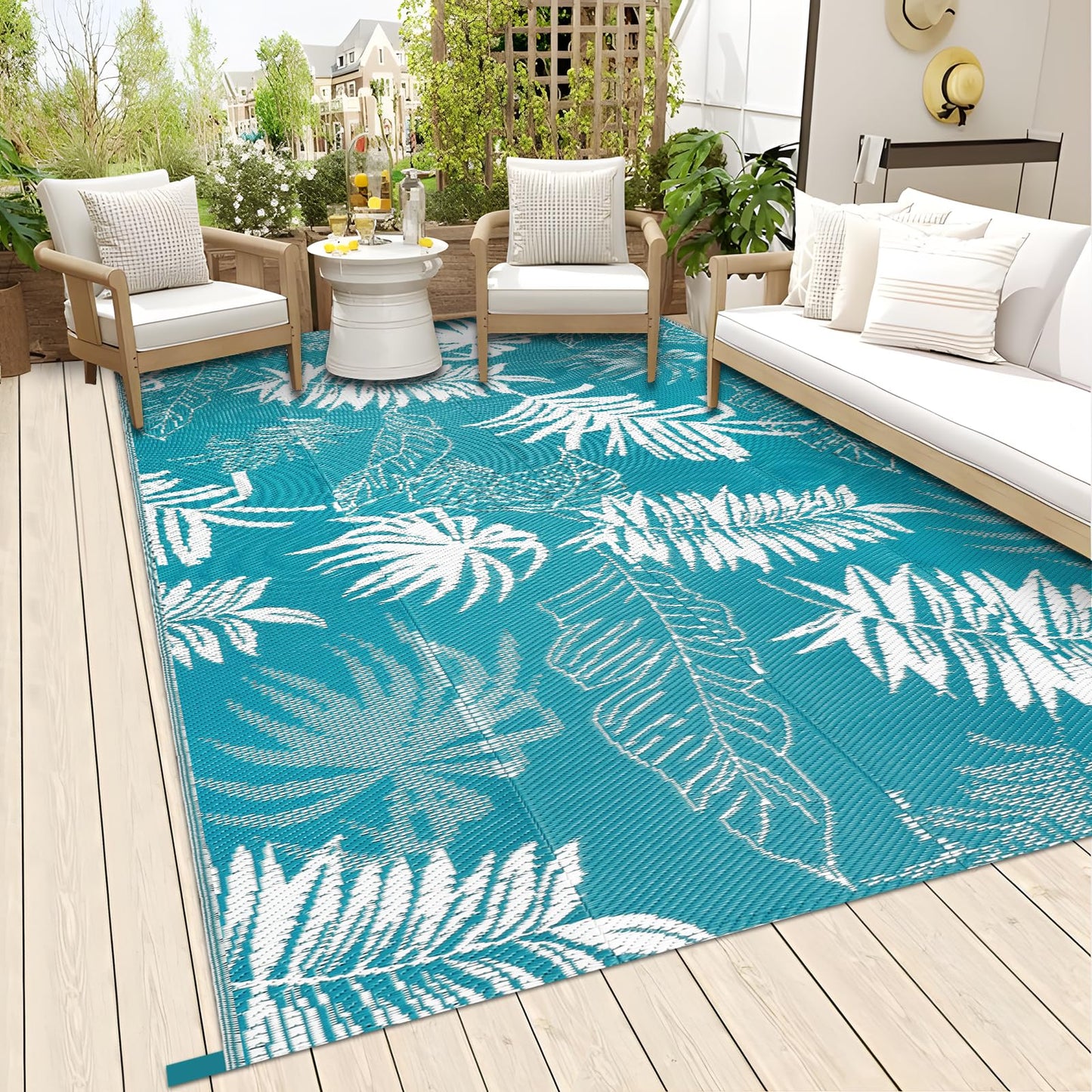 Falflor 150x245cm Outdoor Reversible Rug Waterproof Outdoor Patio Rug Plastic Large Floor Mat Lightweight Indoor Outdoor Rug Carpet Plastic Straw Rug for Camping Deck RV Backyard Picnic(Teal)
