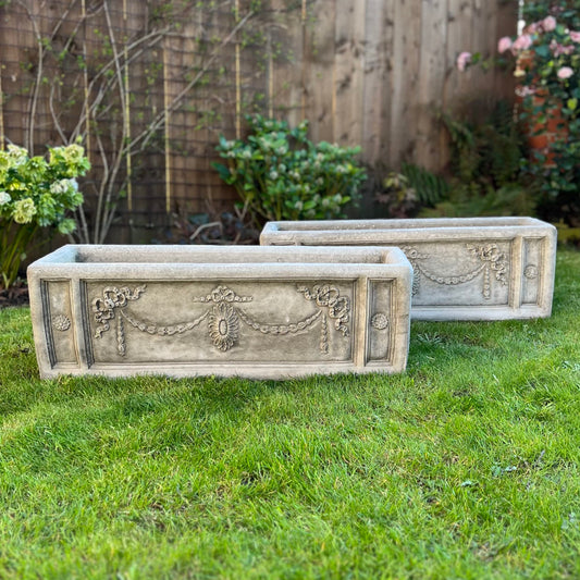 SET OF 2 LARGE DECORATIVE STONE TROUGH OUTDOOR GARDEN PLANTER PLANT POTS WITH DRAINAGE HOLE