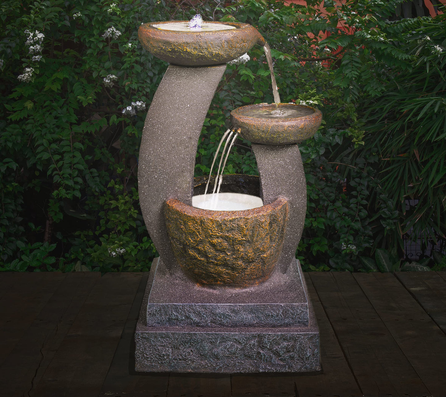 MDA Designs Shinto Outdoor 3-Tier Water Feature - Cascading Bowls with LED Lights Tranquil Waterfall Effect Garden Fountain