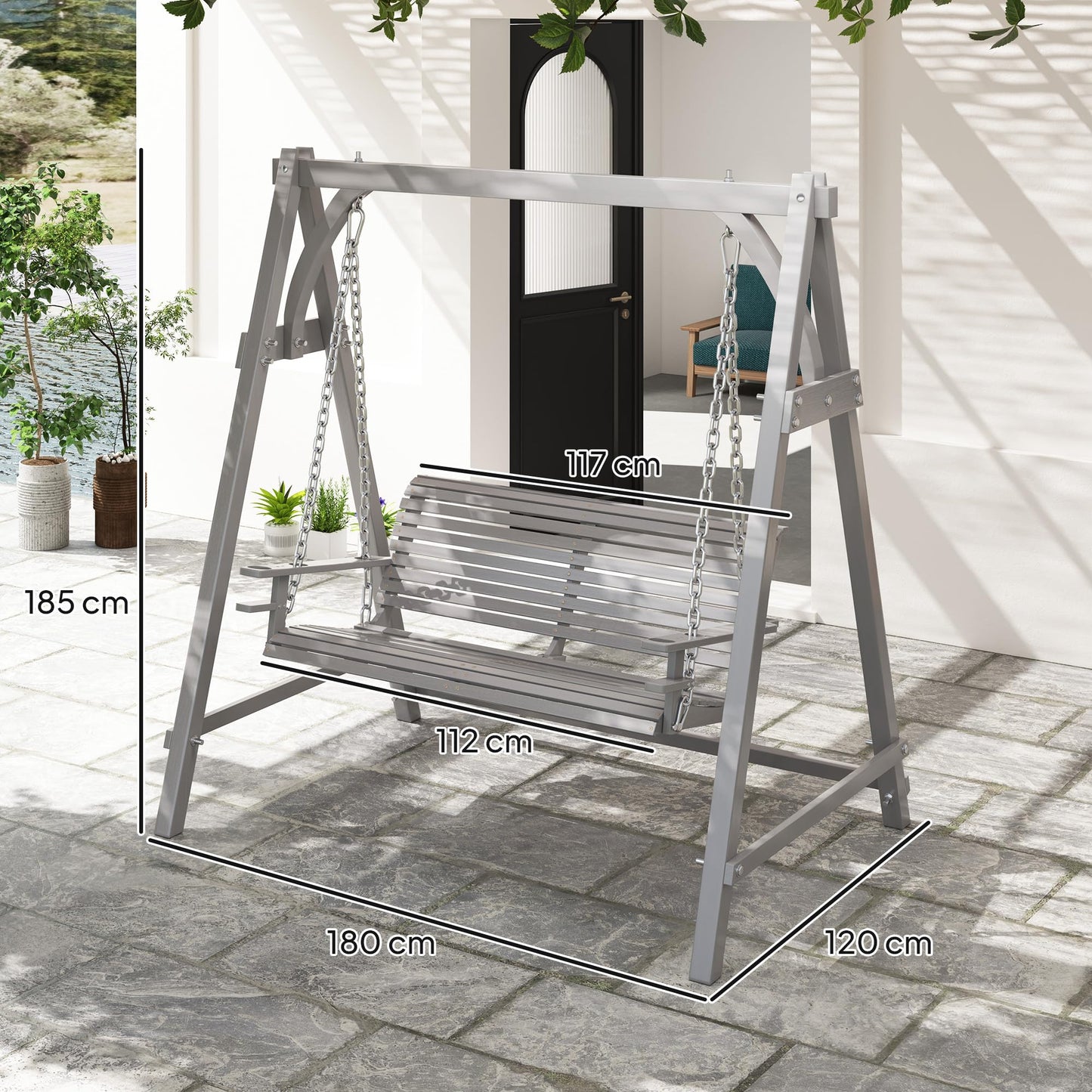 Outsunny 2 Seater Garden Swing Seat, Wooden Swing Chair Bench with Cup Holders for Outdoor Porch Patio, Grey