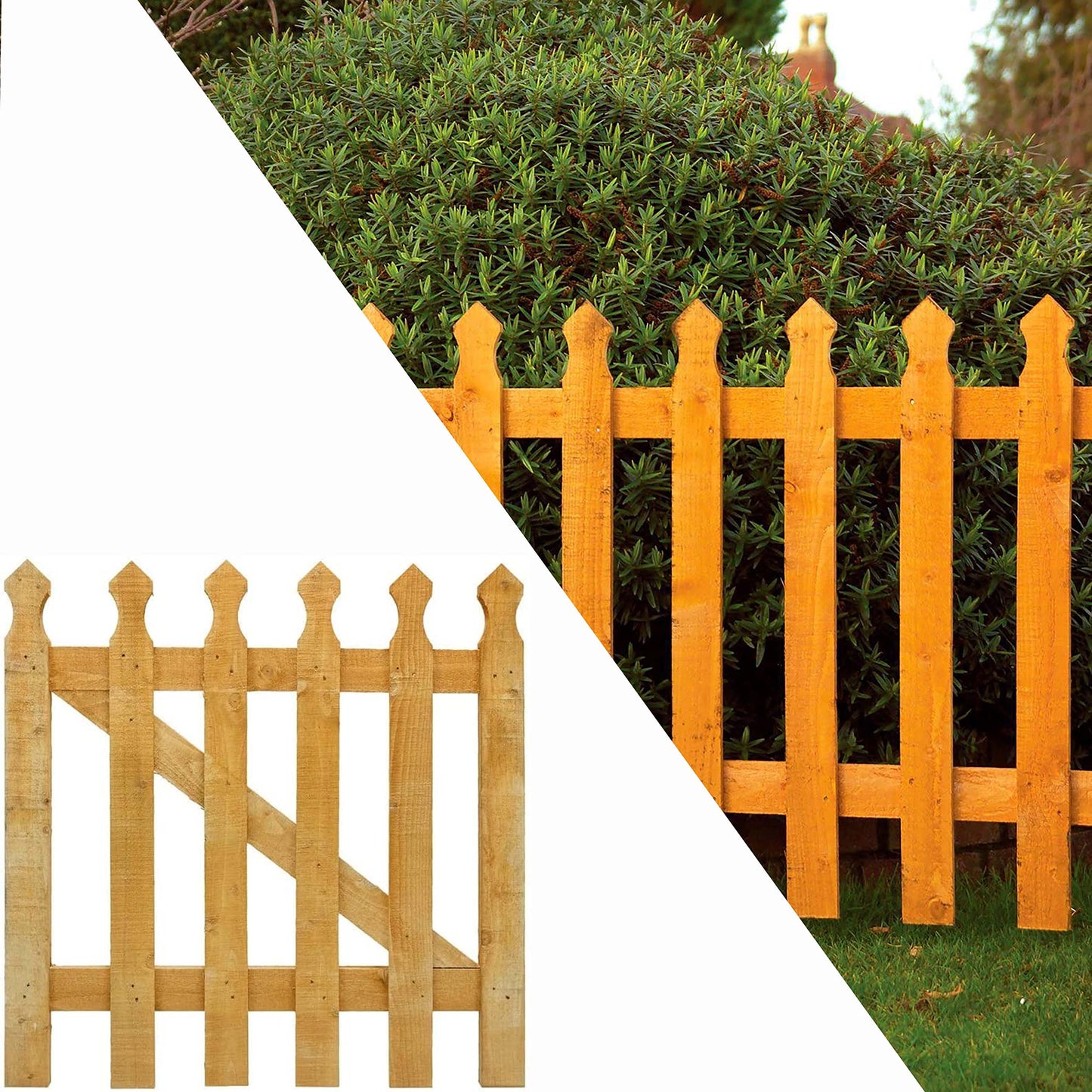 AAMEN 3x3ft Wooden Garden Gate, Picket Garden Wood Timber Gate, Round Top Picket Garden Gate, Decorative Garden Wicket Gate, Outdoor Wooden Stair Gate, Golden Brown Swing Gates-(90x4.5x87cm)