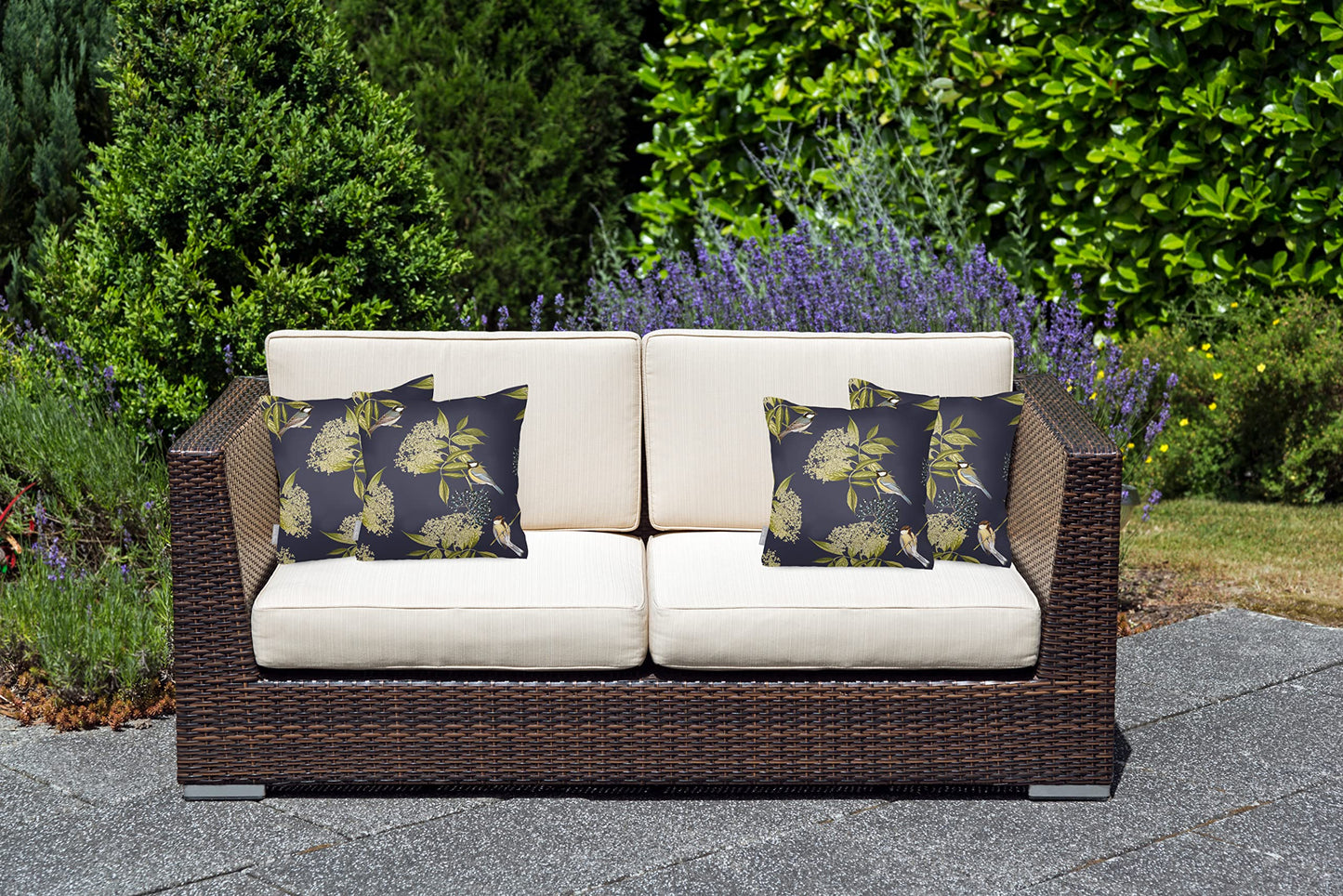 Izabela Peters Outdoor Cushions Waterproof, 43 cm, Filled Outdoor Cushion, Bird on Elderflower - Graphite, Garden Furniture Cushions, Outdoor Seat Cushions, Garden Chair Cushions