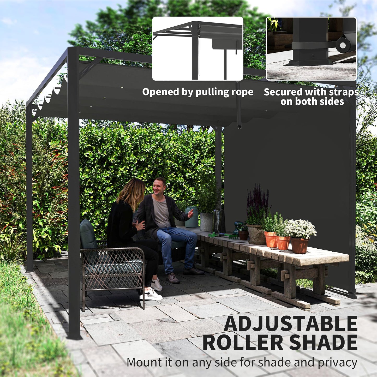 Outsunny 3 x 3(m) Garden Pergola with Retractable Roof Canopy and Roller Shade, Aluminium Pergola Kit Gazebo, UPF30- Sun Shade Shelter for Deck, Porch, Dark Grey