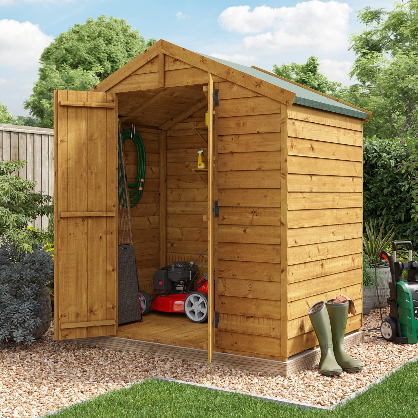 BillyOh Keeper Overlap Garden Shed with Floor | Wooden Garden Storage Shed with Apex Roof & Felt Included | Windowed or Windowless- Multiple Sizes (4x6 Windowless)
