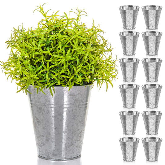 LIVIVO Pack of 12 Galvanised Iron Metal Flower Pots in Weather Resistant Metal for Indoor or Outdoor Use, Great for Plants, Herb Collection, Flowers and Shrubs