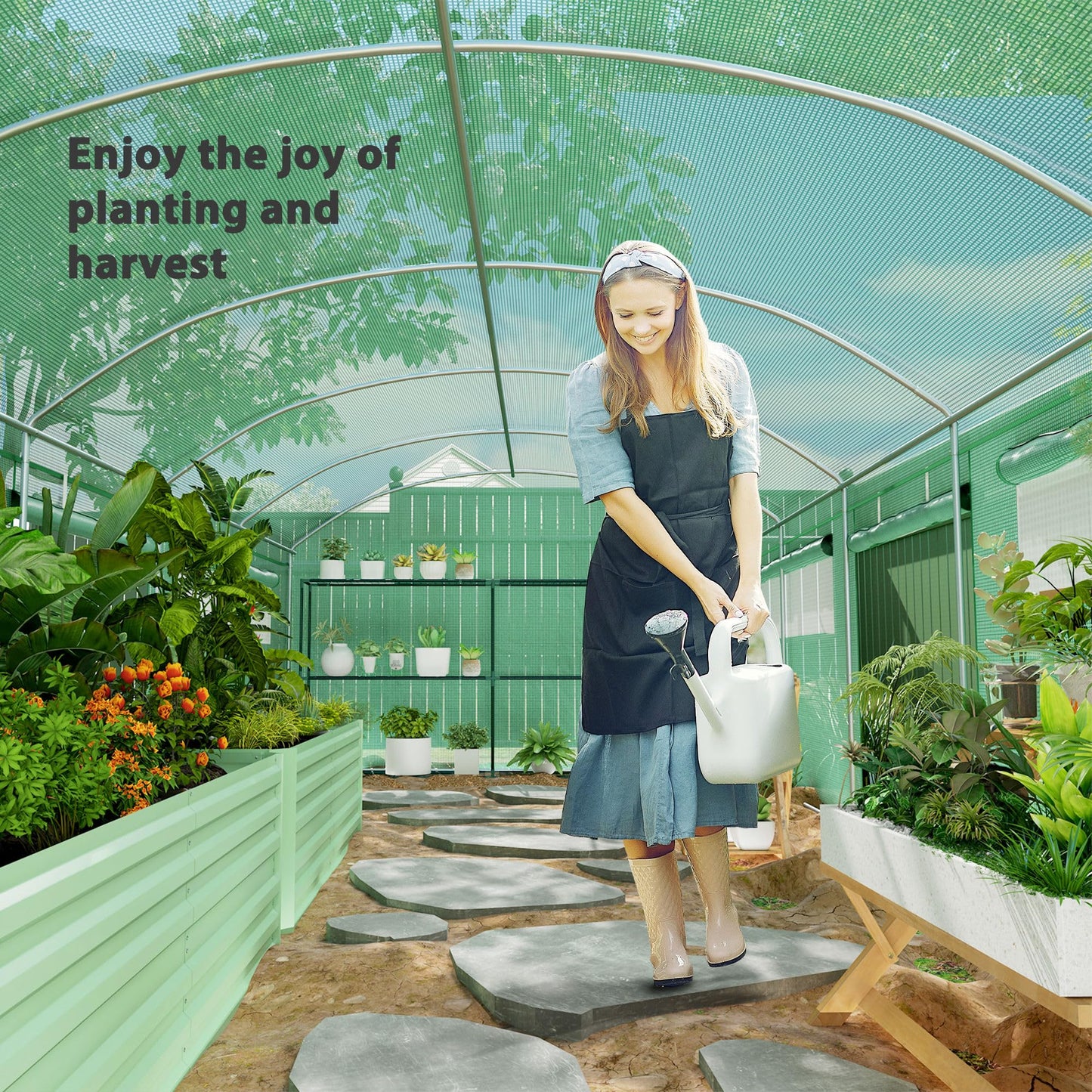 Outsunny 6 x 3 x 2m Polytunnel Greenhouse with 3 Roll-up Doors and Large Mesh Windows, Walk-in Garden Tunnel Warm House Tent with UV-resistant PE Cover and Galvanised Steel Frame, Green