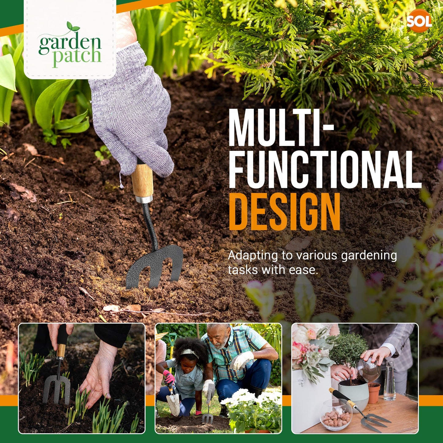 SOL 2pk Heavy Duty Garden Fork, 34.5cm Garden Hand Fork with Wooden Handle and Rubber Grip - Durable, Lighweight Design for Multi-Purpose Weeding and Planting Tool, For Gardeners of All Skill Levels