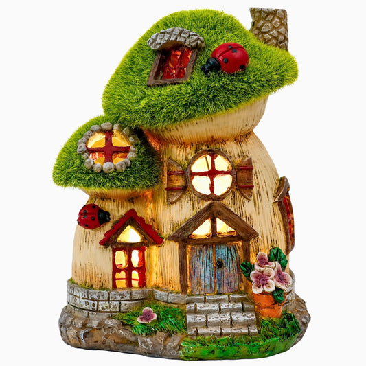 TERESA'S COLLECTIONS Garden Ornaments Outdoor, Green Flocked Solar Fairy House and Ladybugs, Waterproof Resin Fairy House Ornaments, Indoor Outdoor 16.8CM