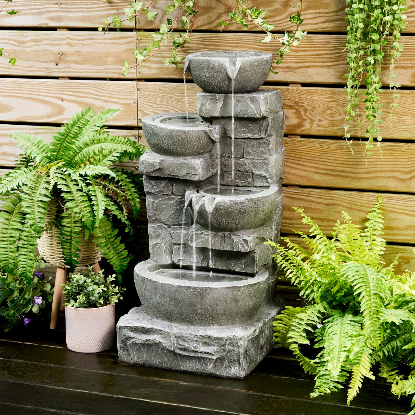 Teamson Home Cascading Bowls & Stacked Stone Outdoor Water Fountain with LED Light, Grey