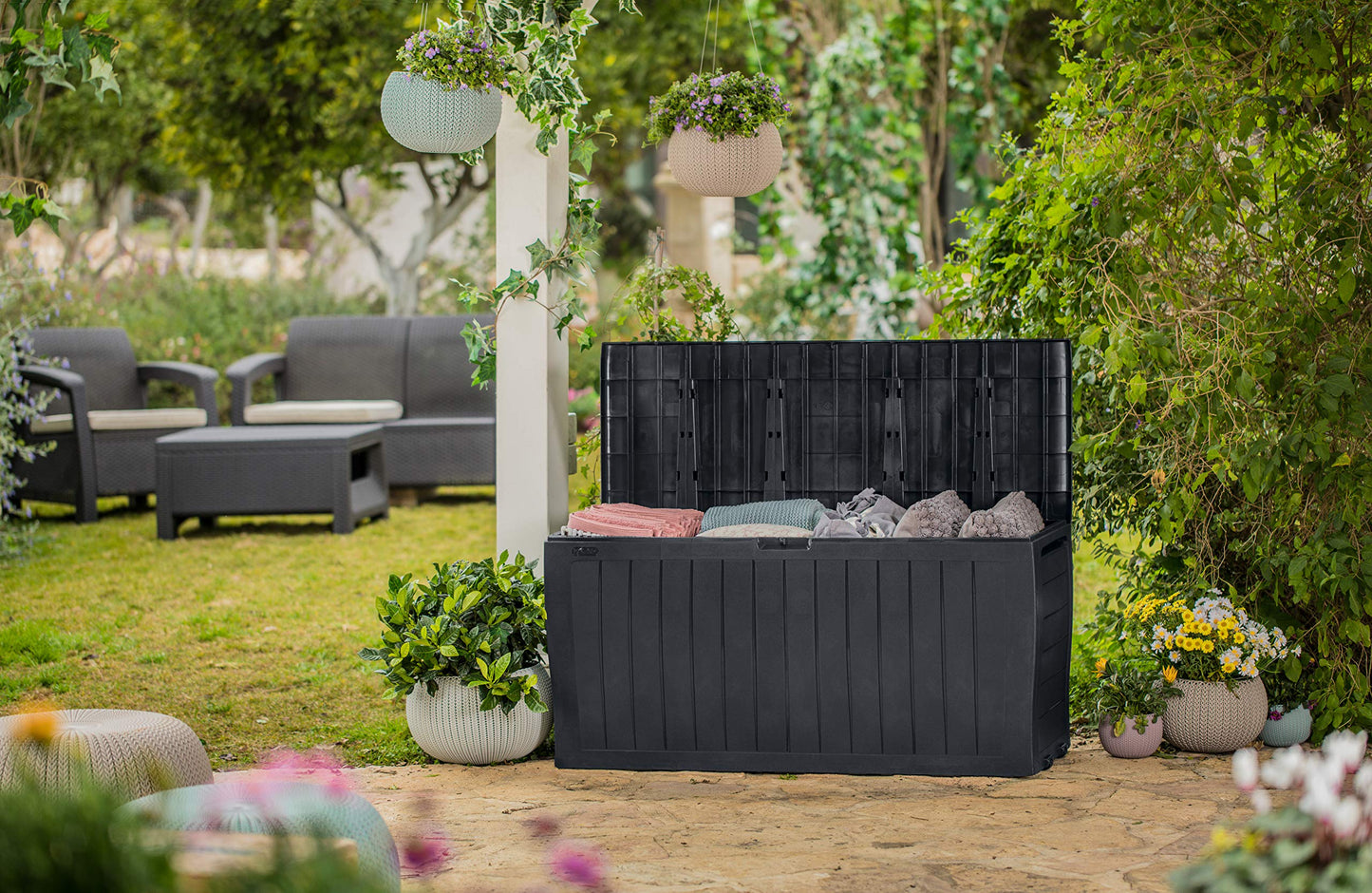 Keter Marvel- 270L Outdoor 65% recycled Garden Furniture Storage Box Graphite Wood Panel Effect | Fade Free | All Weather Resistant | Safe and Secure | Zero Maintenance | 2 year Warranty