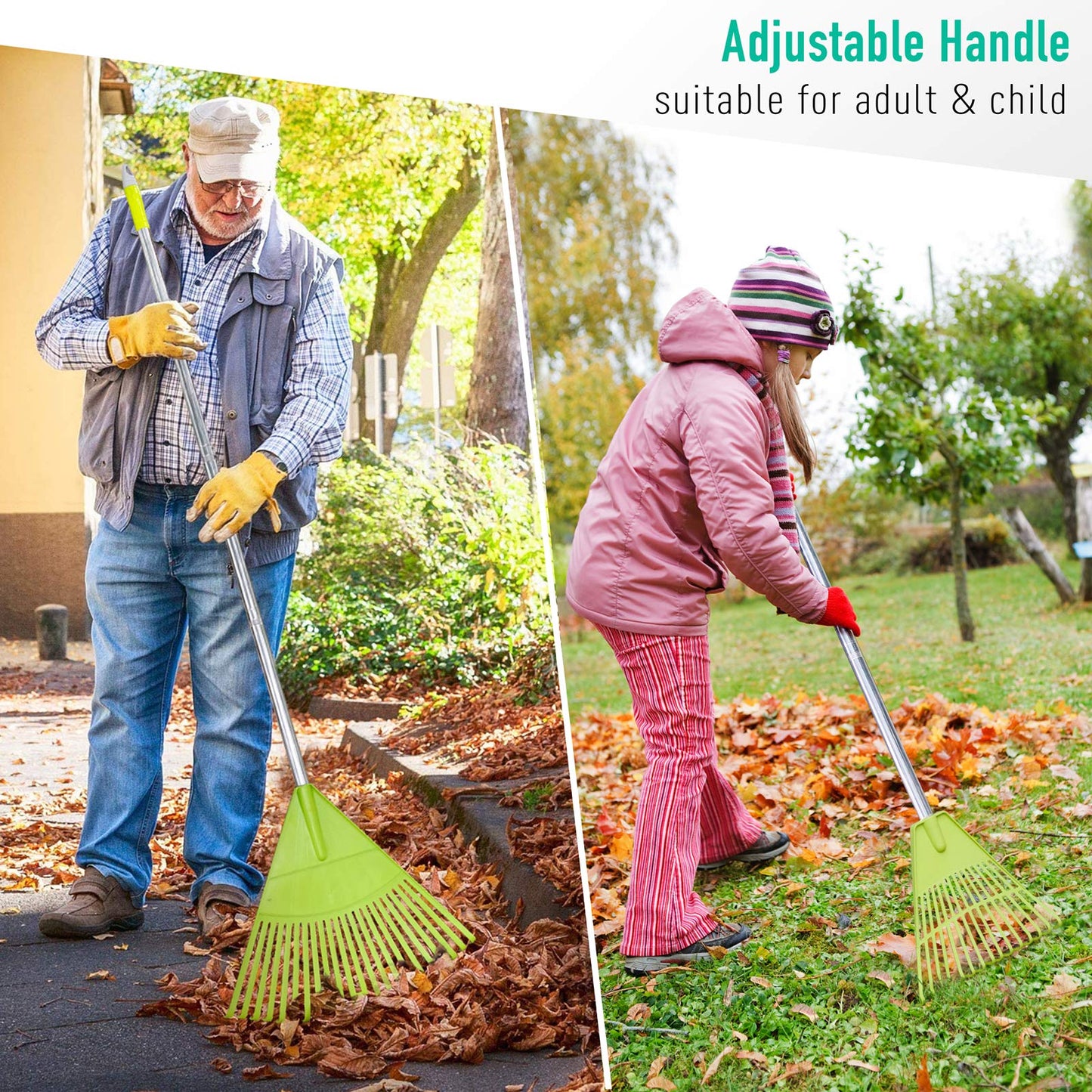 Colwelt Plastic Leaf Rakes, Garden Lawn Rake with 142cm Lightweight Stainless Steel Handle, Include 22Tines Plastic Head & Garden Gloves, Garden Rake Leaf to Collect Loose Debris