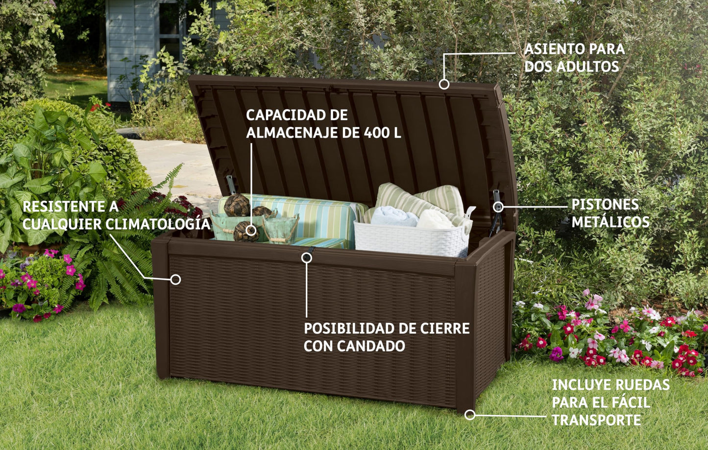 Keter Borneo 416L Outdoor 60% recycled Garden Furniture Storage Box Brown Rattan Effect | Fade Free | All Weather Resistant | Safe and Secure | Zero Maintenance | 2 year Warranty