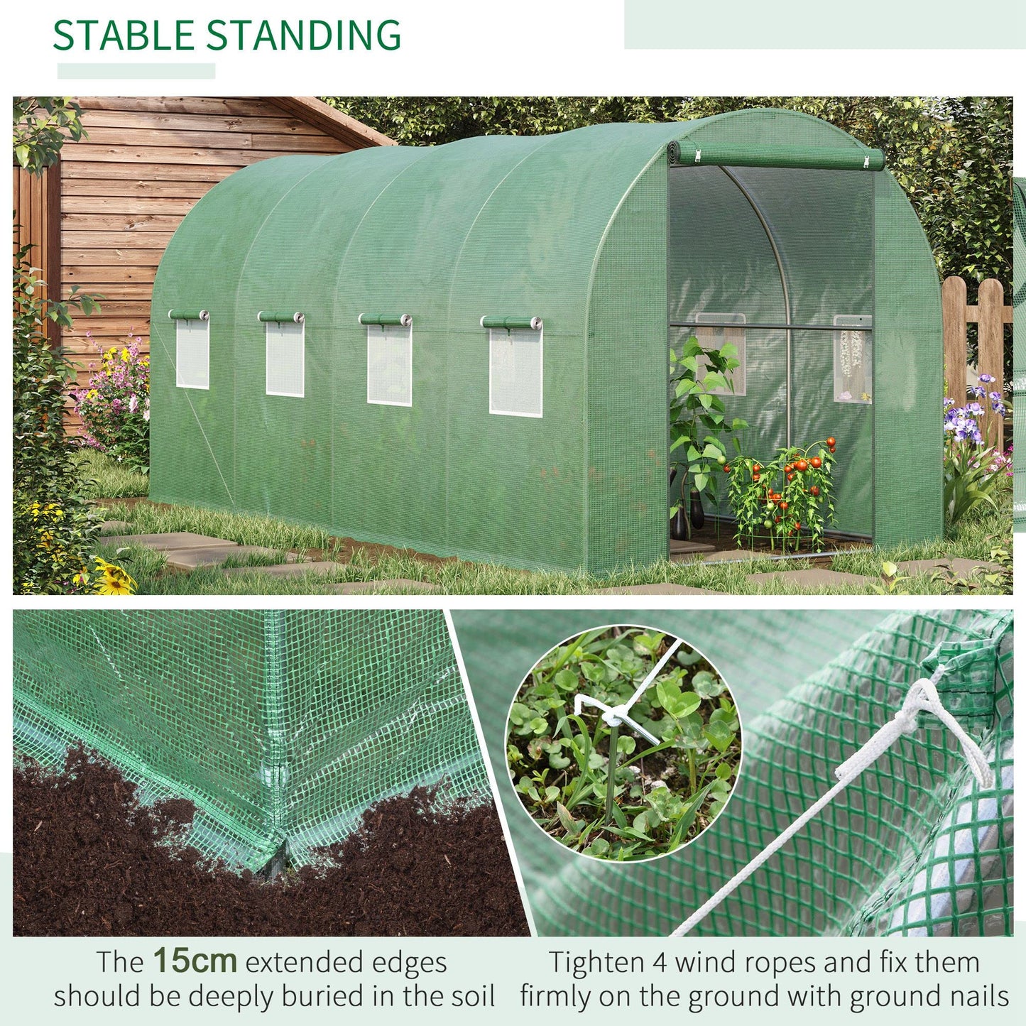 Outsunny Walk-in Polytunnel Greenhouse, Outdoor Garden Tunnel Greenhouse Tent with Zipped Roll-Up Door and 8 Mesh Windows, 4 x 2M