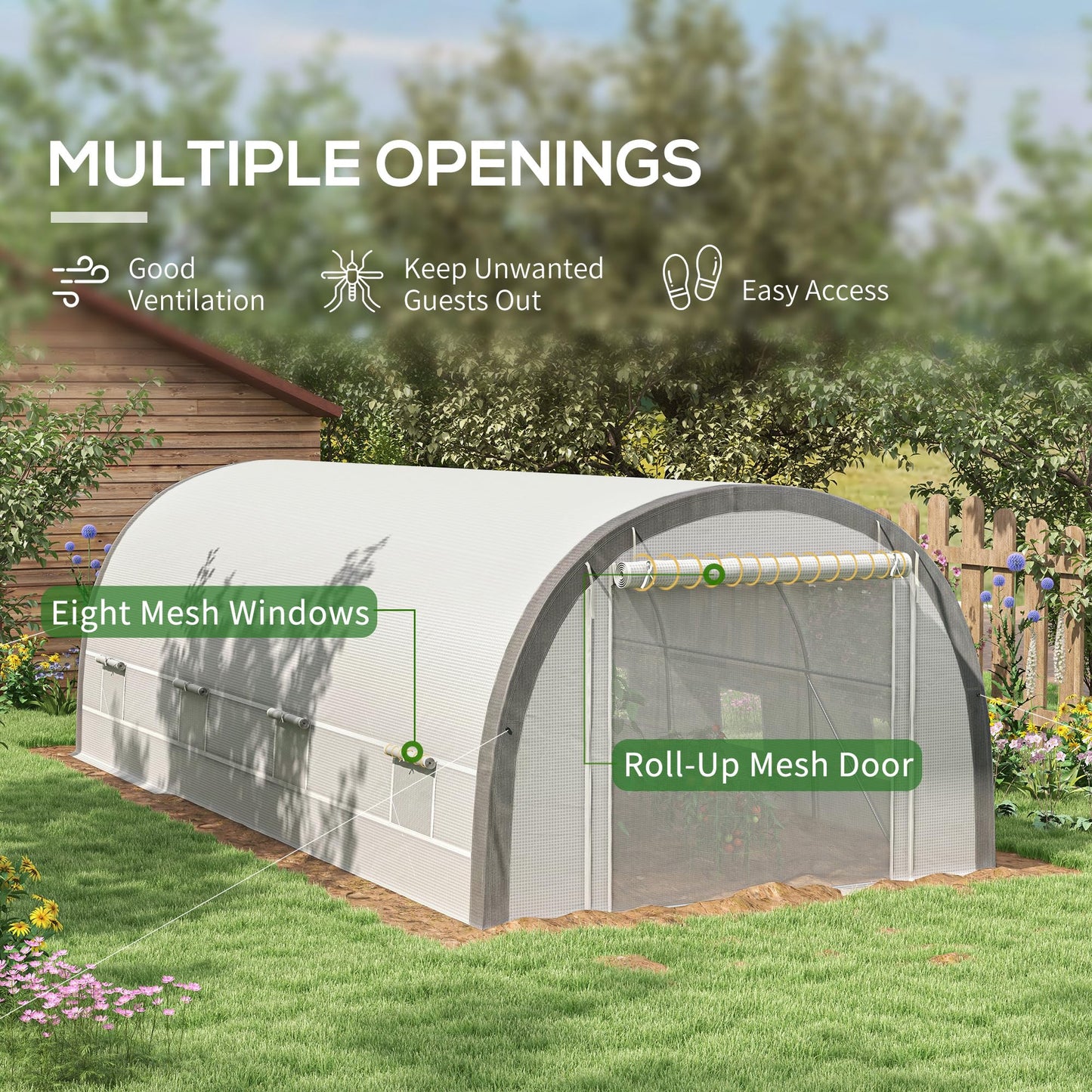 Outsunny 6 x 3(m) Walk-in Polytunnel Greenhouse with Upgraded Structure, Zipped Roll Up Mesh Door, 8 Mesh Windows, Tunnel Warm House Tent with PE Cover, 15 Plant Labels and Gloves, White
