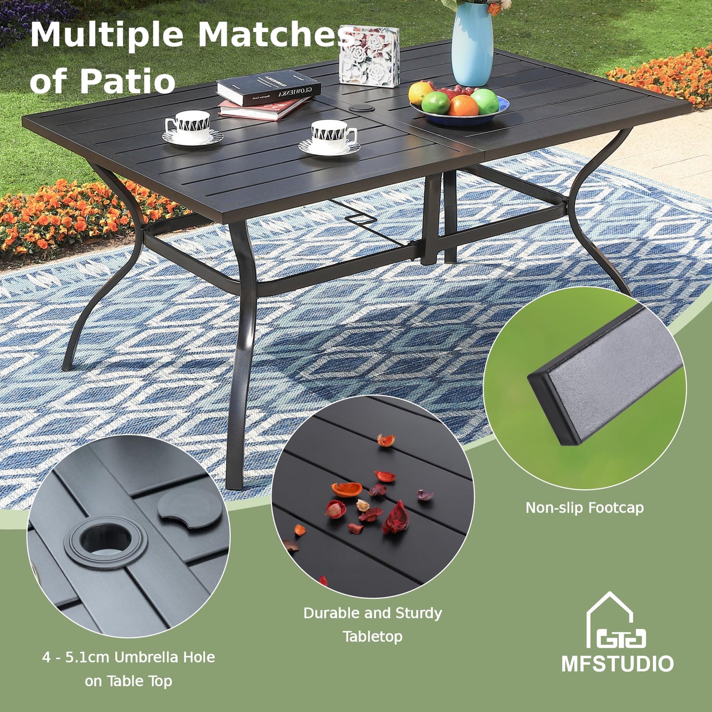 MFSTUDIO 152 x 96 x 71cm Garden Table, Outdoor Dining Table, Metal Rustproof Steel Frame and 4 cm Parasol Hole, for Deck, Backyard, Lawn, Garden (Black)