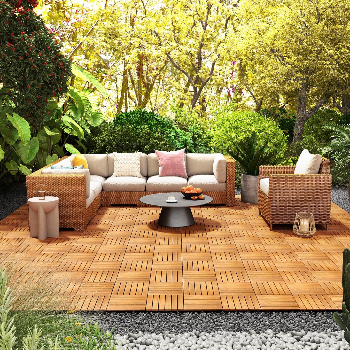 COSTWAY 27 Pcs Decking Tiles, 30 x 30cm Acacia Hardwood Interlocking Floor Tiles, Cuttable Deck Tile for Indoor Outdoor Patio Garden Balcony Pavement, Tools Free Assembly
