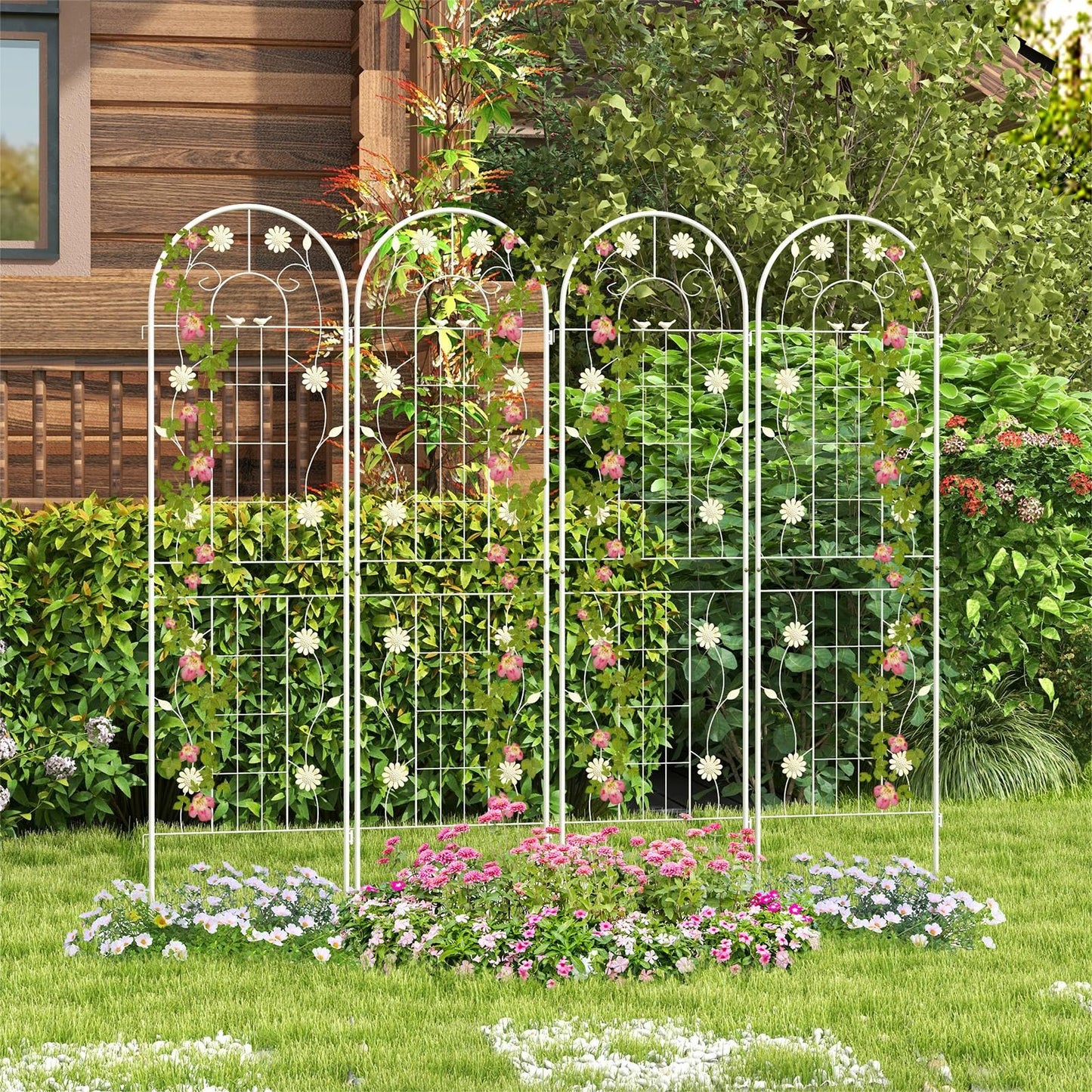 GiantexUK 180/220x50cm Garden Trellis, 2/4 Pack Tall Galvanized Metal Fence Climbing Plants Support Frame, Rustproof Lattice Grid Panels Barrier Edge Border for Roses Vegetables Vine (6FT, White, 2)