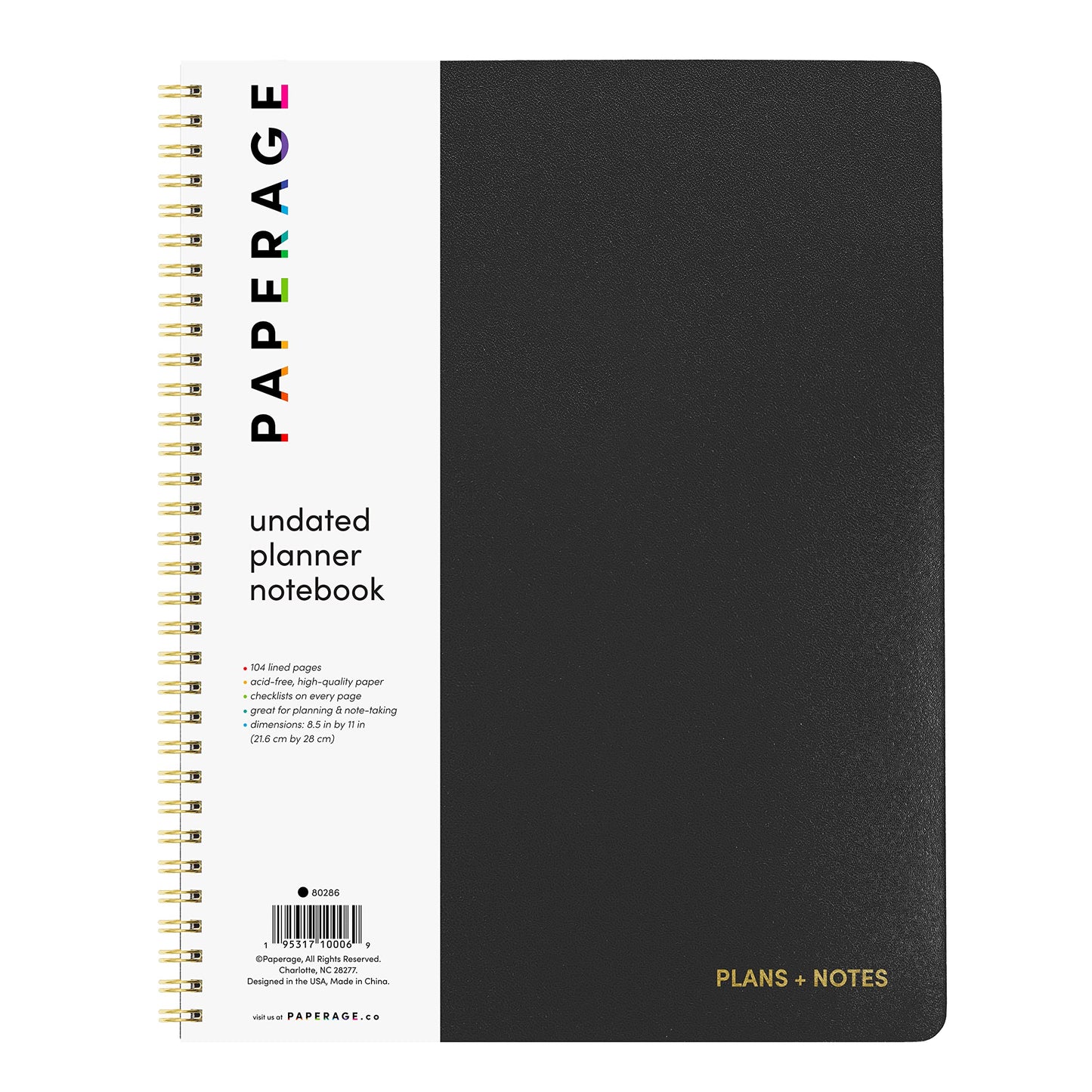PAPERAGE Undated Daily Planner & To Do List Notepad (Black), 8.5 in x 11 in, Spiral Bound Planner Notebook for Work, School or Home, 104 Lined Pages With Date Tracker for Plans & Notes