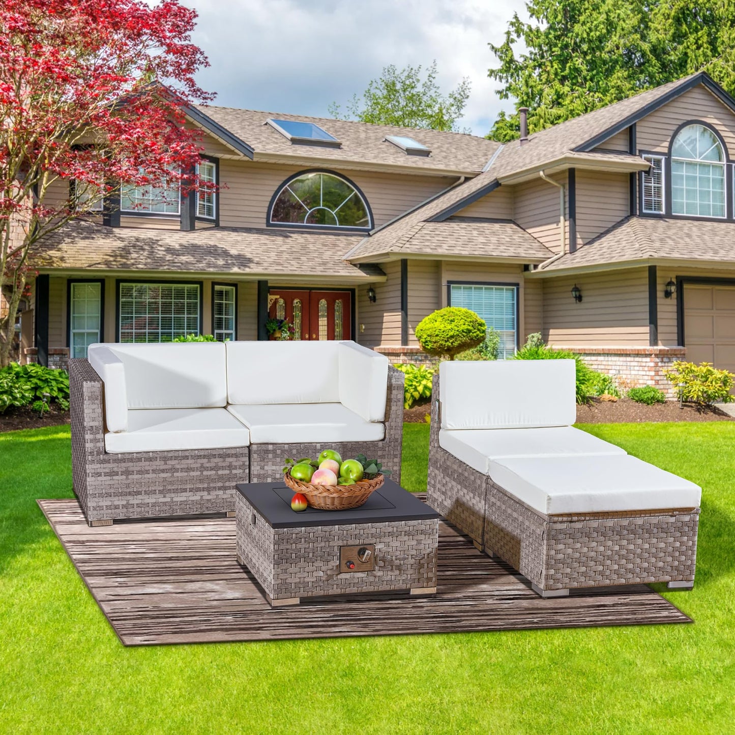 Aweather Rattan Garden Furniture Set with Fire Pit Table 5 Pieces Outdoor Sectional Sofa Set, CSA Certification, All Weather Wicker Patio Conversation Sets for Garden, Poolside, Backyard