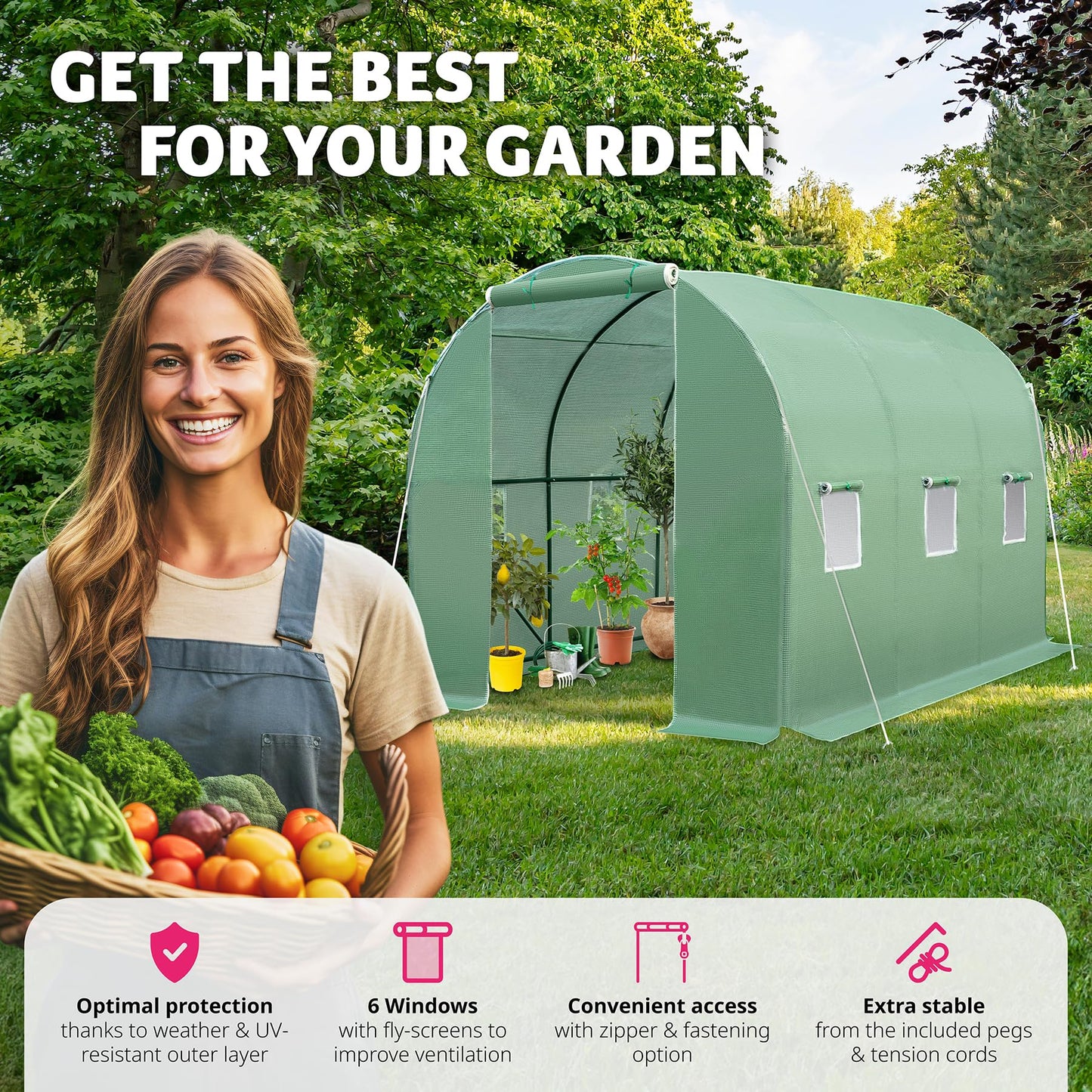 tectake® Greenhouse Polytunnel, Durable Steel Frame Grow Tent, PE Greenhouse Cover with Zip Door, 6 Mesh Windows, Frost-Resistant, 7m² Planting & Potting Space, Incl. Greenhouse Accessories - green