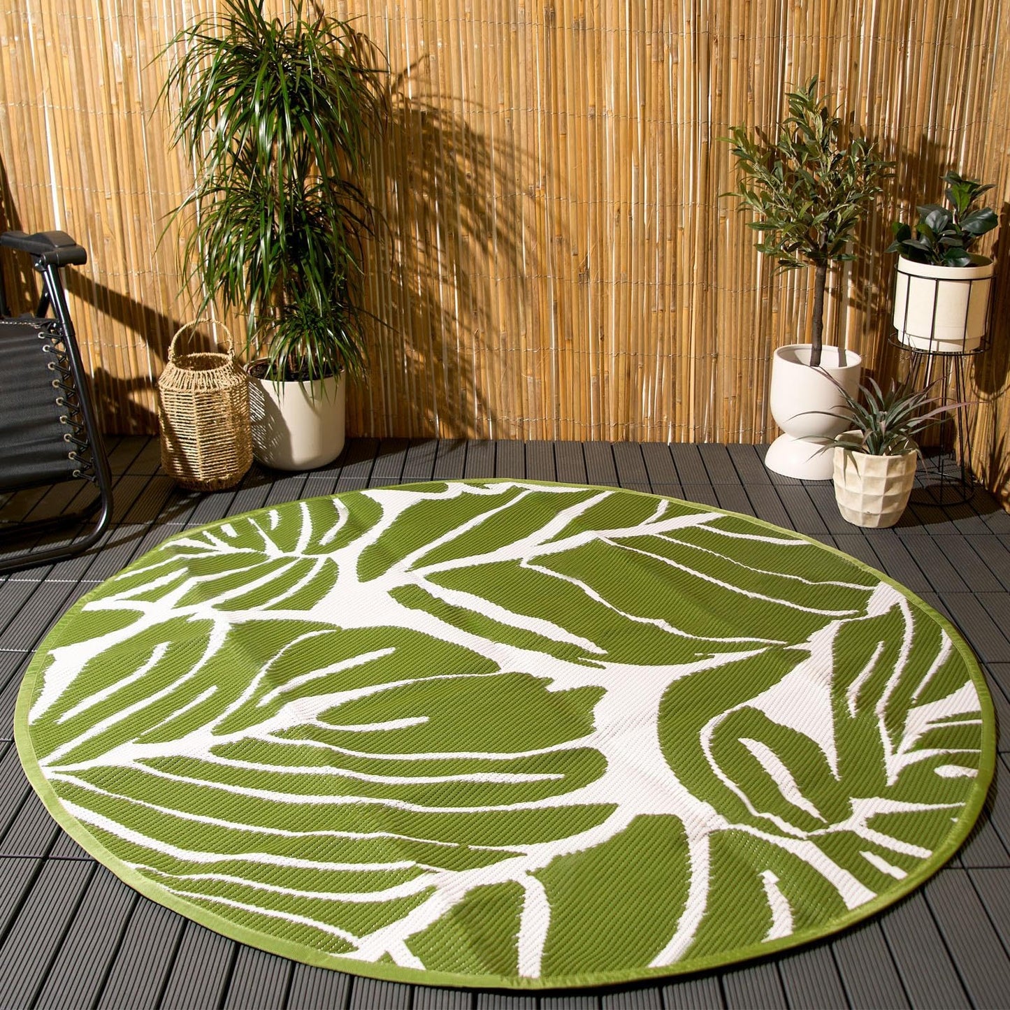 Dreamscene Outdoor Rugs for Garden Palm Tree Leaf, Green Round Outdoor Rug Garden Mats Water Resistant Foldable Easy Storage Summer Patio Decking Reversible, 170cm