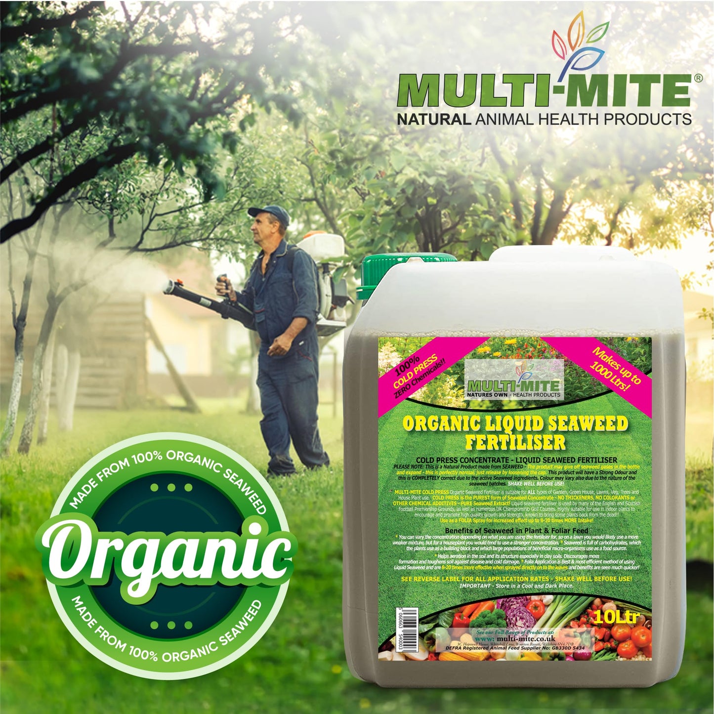 Multi-Mite 10 Ltr Liquid Seaweed – 100% Natural & Organic Concentrate Cold Pressed Plant Feed & Soil Fertiliser, Trees Lawn Veg & House Plants Root or Foliar Feeding