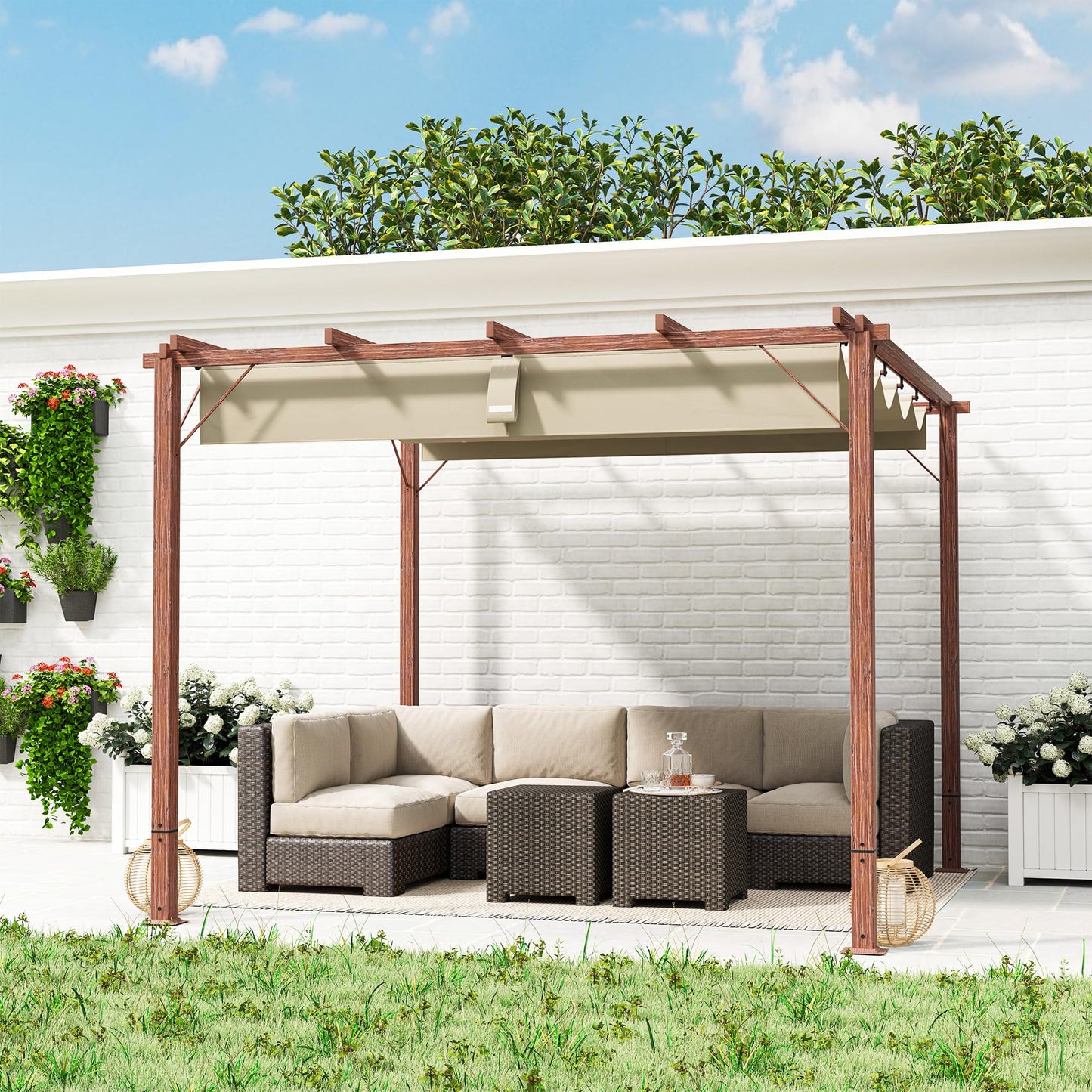 Outsunny 3 x 3(m) Garden Pergola with Retractable Roof Canopy and Wood Grain Aluminium Frame, Outdoor Gazebo Pergola Kit, UPF30- Sun Shade Shelter for Deck, Porch, Natural Wood Finish