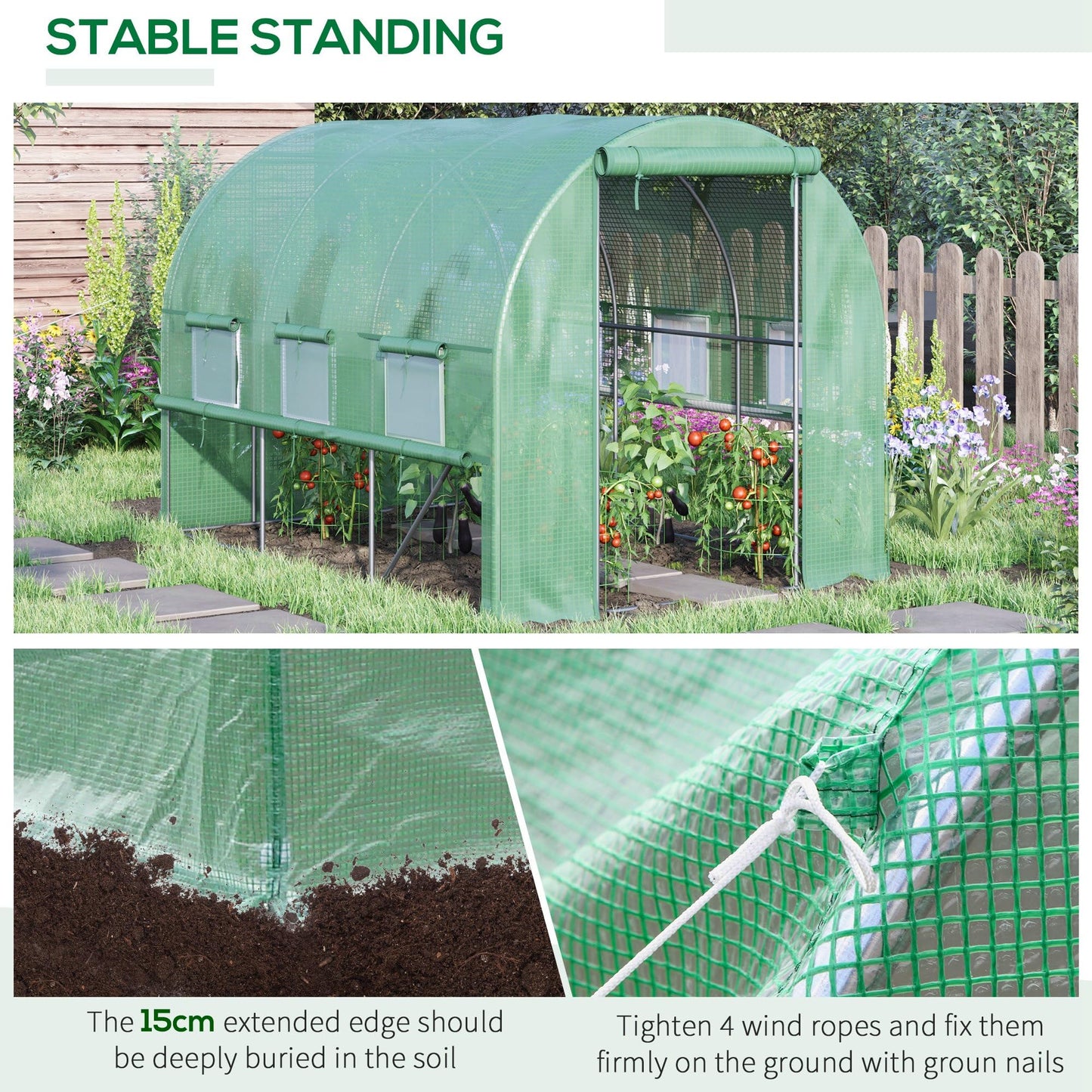 Outsunny 3 x 2 x 2m Polytunnel Greenhouse with Roll-up Sidewalls, Door and 6 Mesh Windows, Walk In Green House with UV-resistant PE Cover, Green