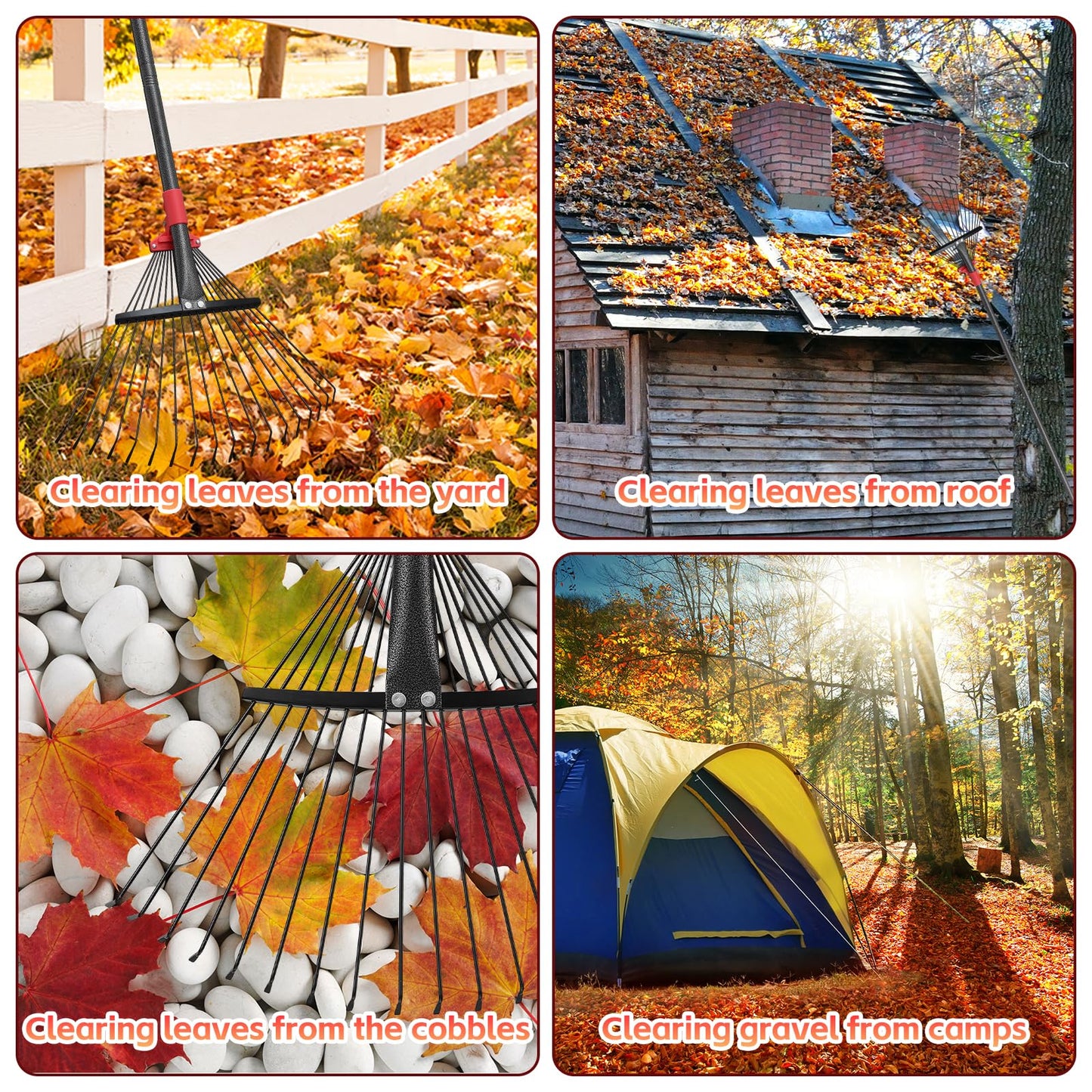 Garden Leaf Rakes for Lawns Heavy Duty, 23-41 cm Adjustable Rake Head, 82-192 cm Adjustable Long Handle, Metal Rake Tool for Gardening Camping Clear Collect Leaves Debris, 18 Anti-Rust Metal Tines