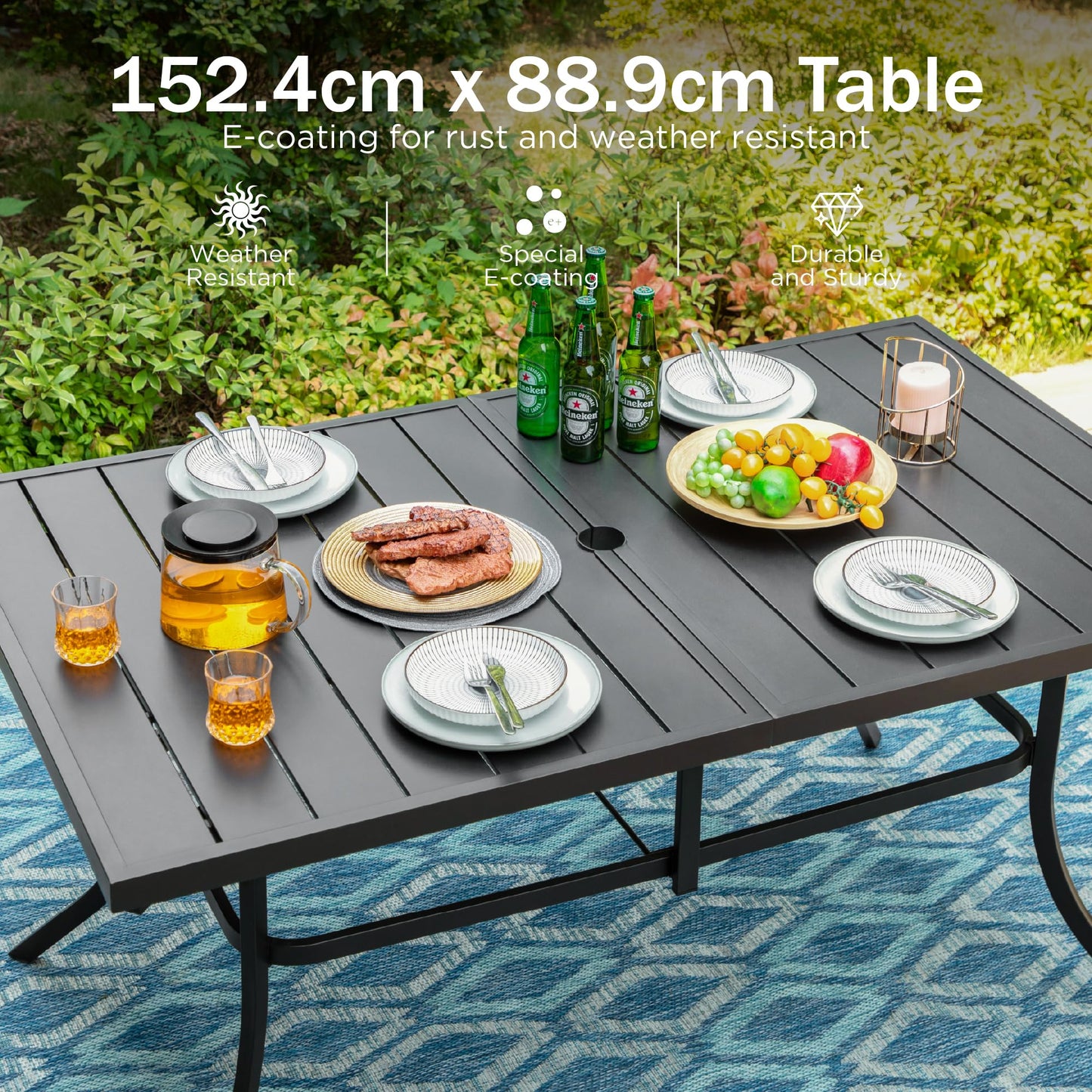 PHIVILLA Garden Table for 6 Person 150 * 90cm Patio Outdoor Table Rust Proof Steel Frame with 4 cm Parasol Hole Outdoor Furniture Garden Dining Table Maintenance Free Black