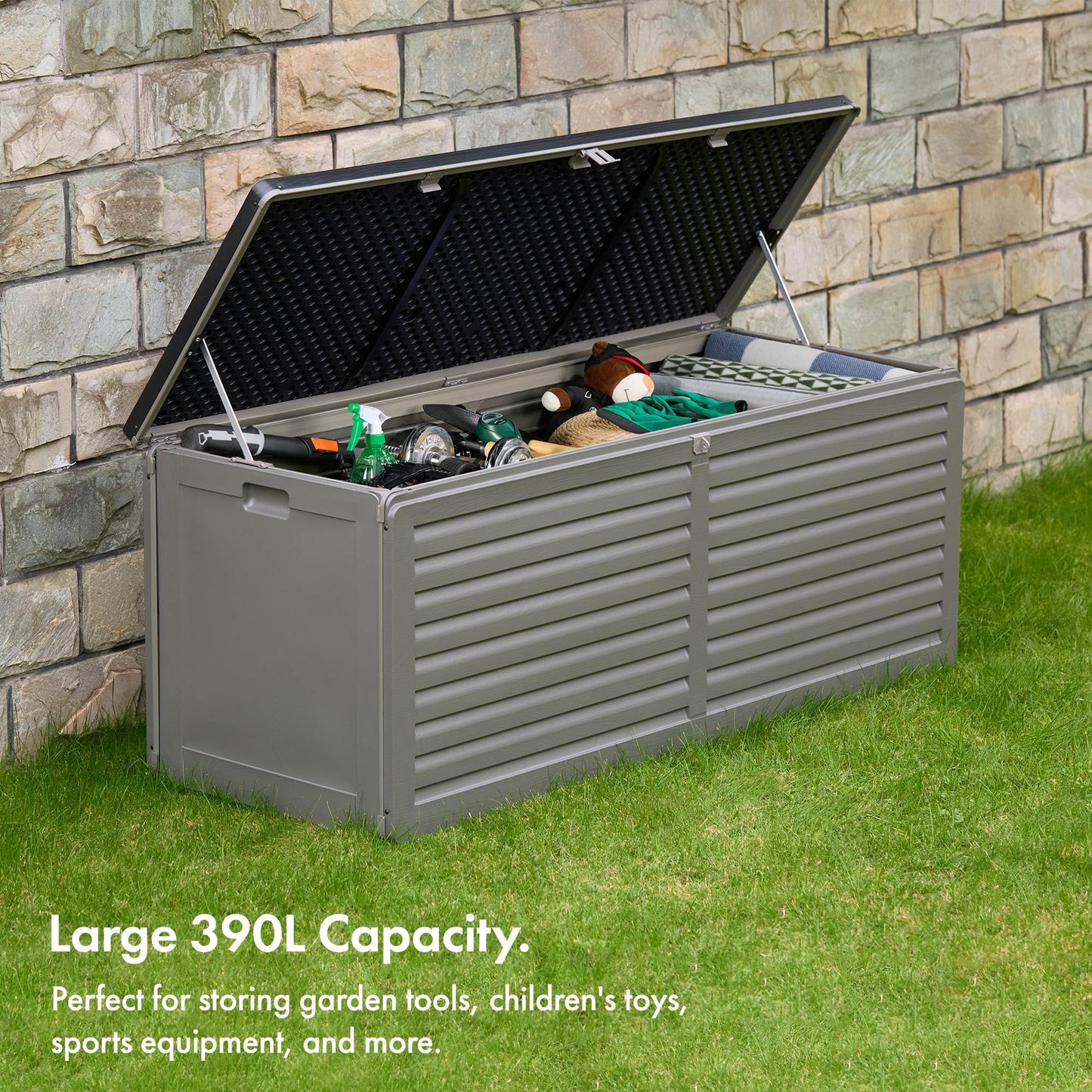 VonHaus Garden Storage Box 390L – Outdoor Utility Chest Organiser – Weatherproof Plastic, Lockable Lid, Sliding Bar Hinge, Carry Handles, Portable – For Garden, Patio, Balcony, Decking – Grey, Black