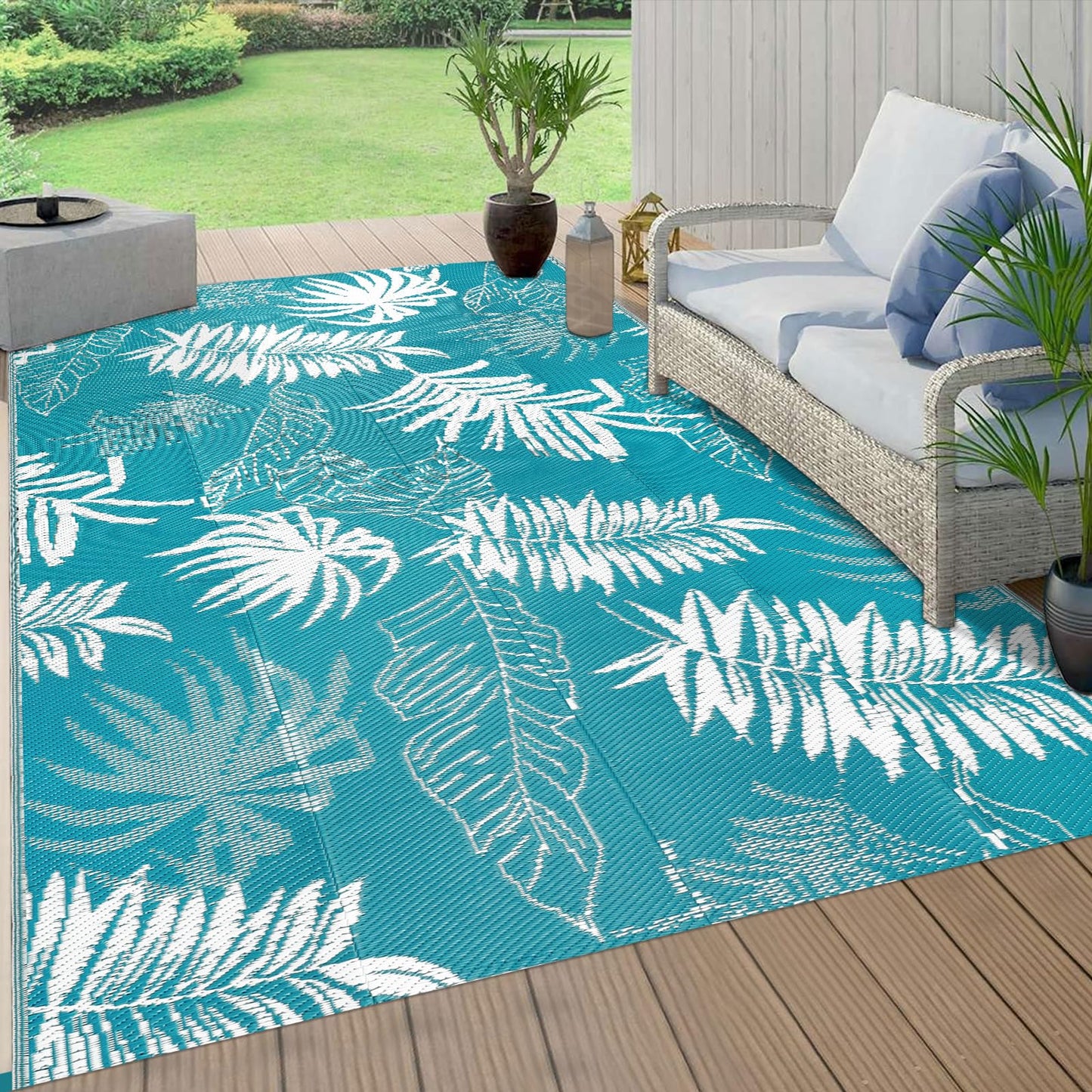 Falflor 150x245cm Outdoor Reversible Rug Waterproof Outdoor Patio Rug Plastic Large Floor Mat Lightweight Indoor Outdoor Rug Carpet Plastic Straw Rug for Camping Deck RV Backyard Picnic(Teal)