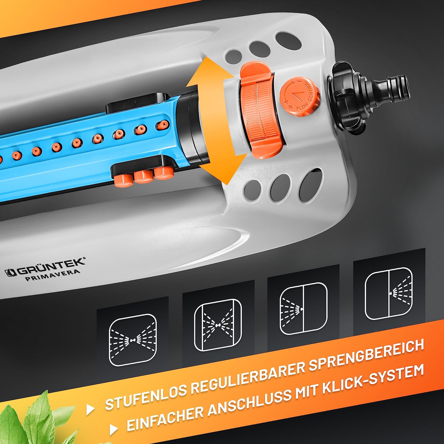 GRÜNTEK Oscillating Sprinkler up to 462 m2 with TURBO Motor. Rectangular lawn bar sprinkler for larges surfaces.