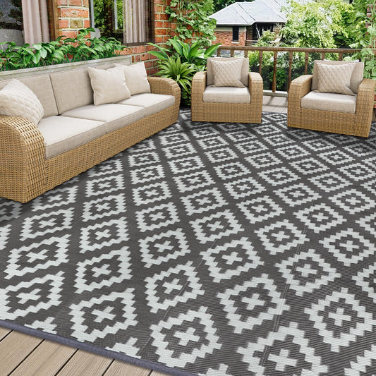 Homcomodar Outdoor Rug 180x270cm Grey UV Resistant Camping Plastic Straw Reversible Mats Recycled Outdoor Area Rug for Patio Balcony Beach BBQ Picnic Deck