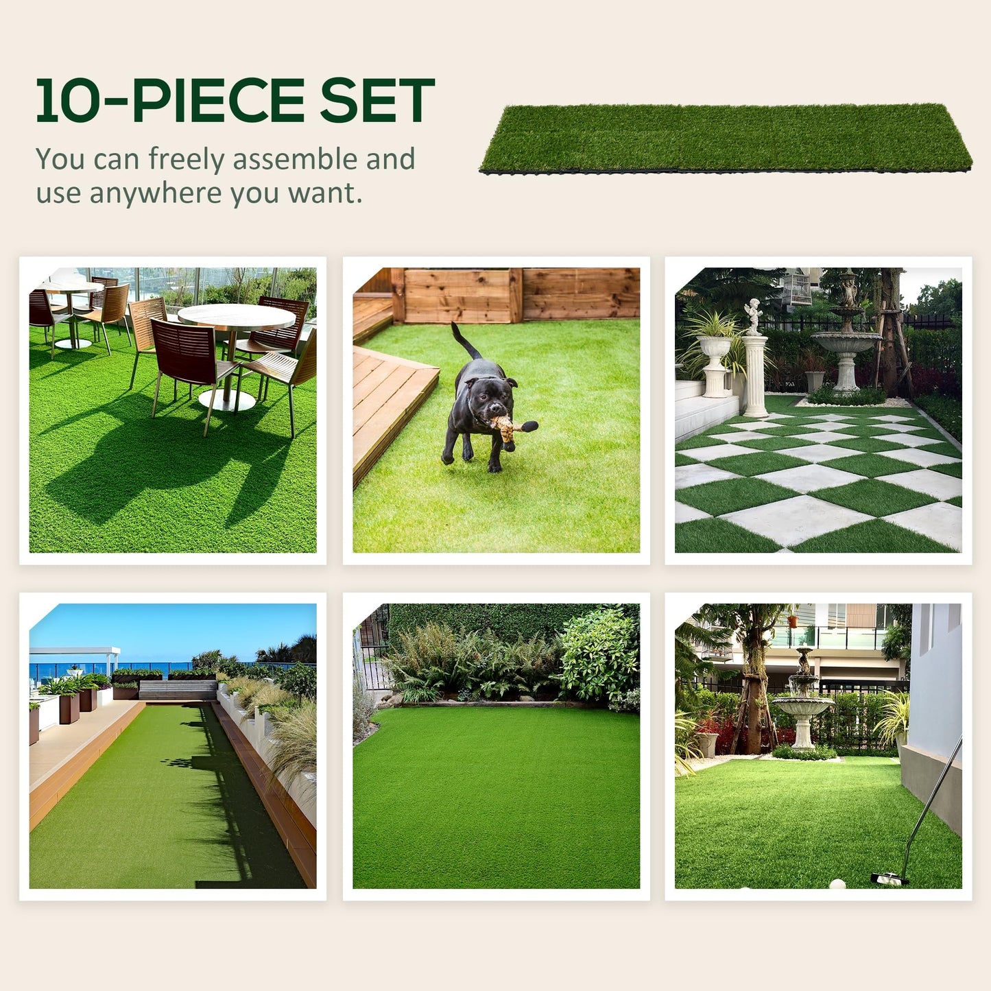 Outsunny 10 Pieces 30 x 30cm Artificial Grass Turf with 25mm Pile Height Non-Toxic Roll Grass Carpet Fake Grass Mat with Drainage Holes UV Resistance for Indoor, Outdoor, Patio, Garden, Lawn, Balcony