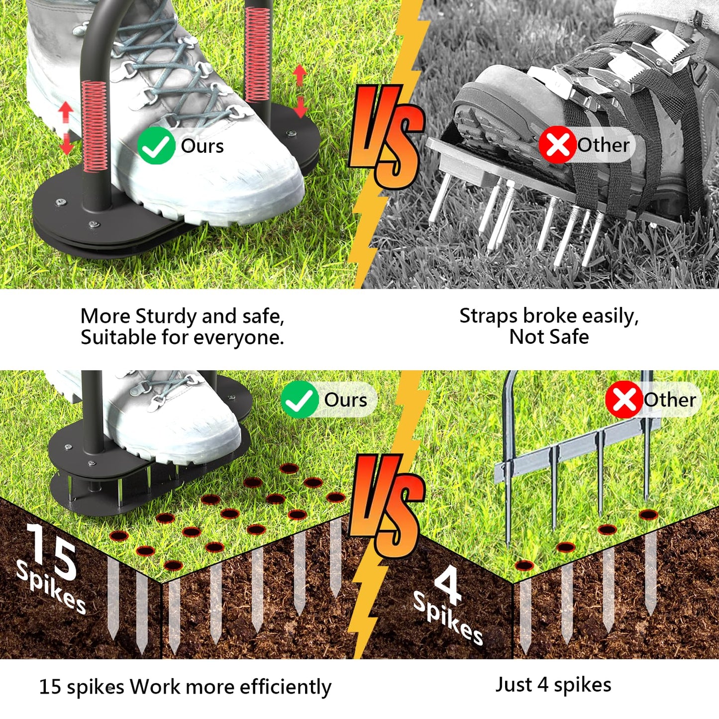 Onadak Lawn Aerator Spikes Aerating Tool, Manual Aeration Tools with Padded T-Handle, Wide Foot Plate, 15 2.8 Inch Solid Steel Spikes, Yard Aerators for Lawn Yard & Garden