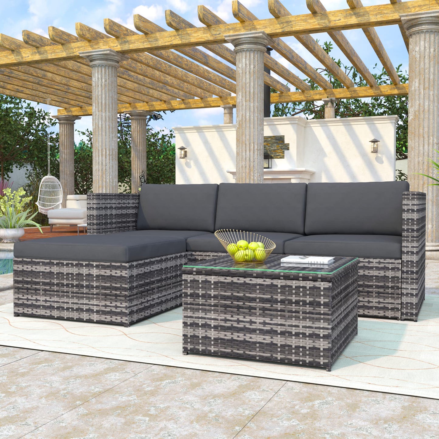 BTM Garden Corner Sofa Rattan Patio Set Garden Entertaining Furniture Lounge Set (Grey)