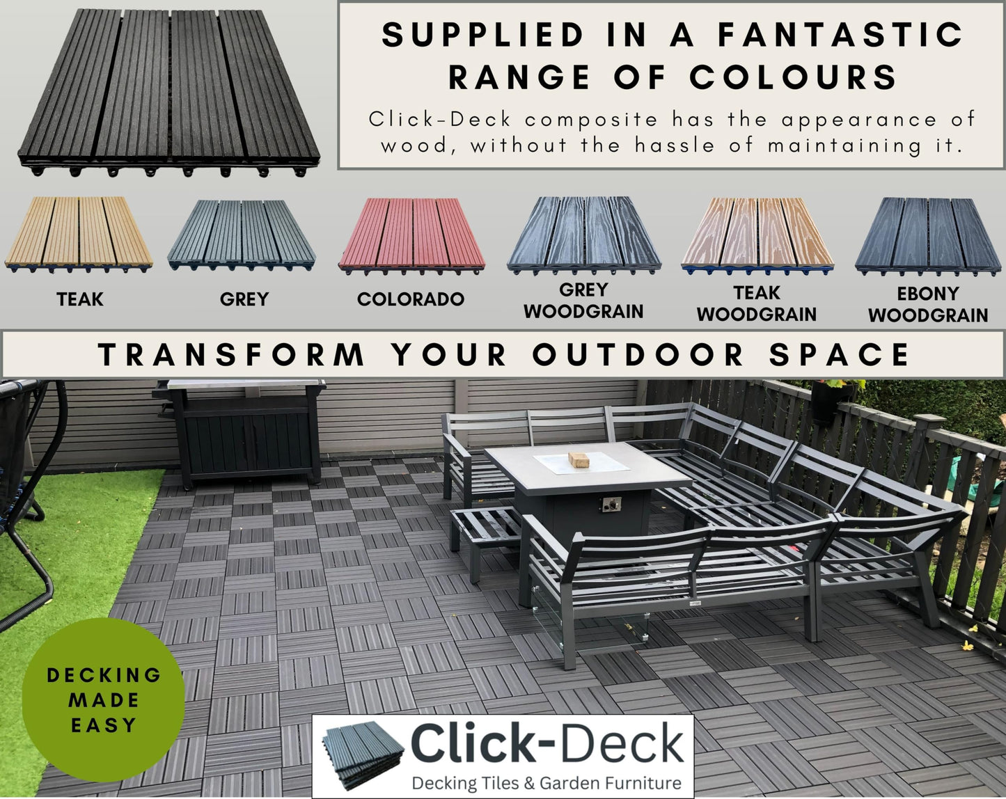 CLICK-DECK Composite Decking Tiles | Patio, Balcony, Concrete, Hot Tub Deck Tiles | 30x30cm Square Connect Flooring | Easy Installation | Low Maintenance | Great Drainage (6X Deck Tiles, Ebony)