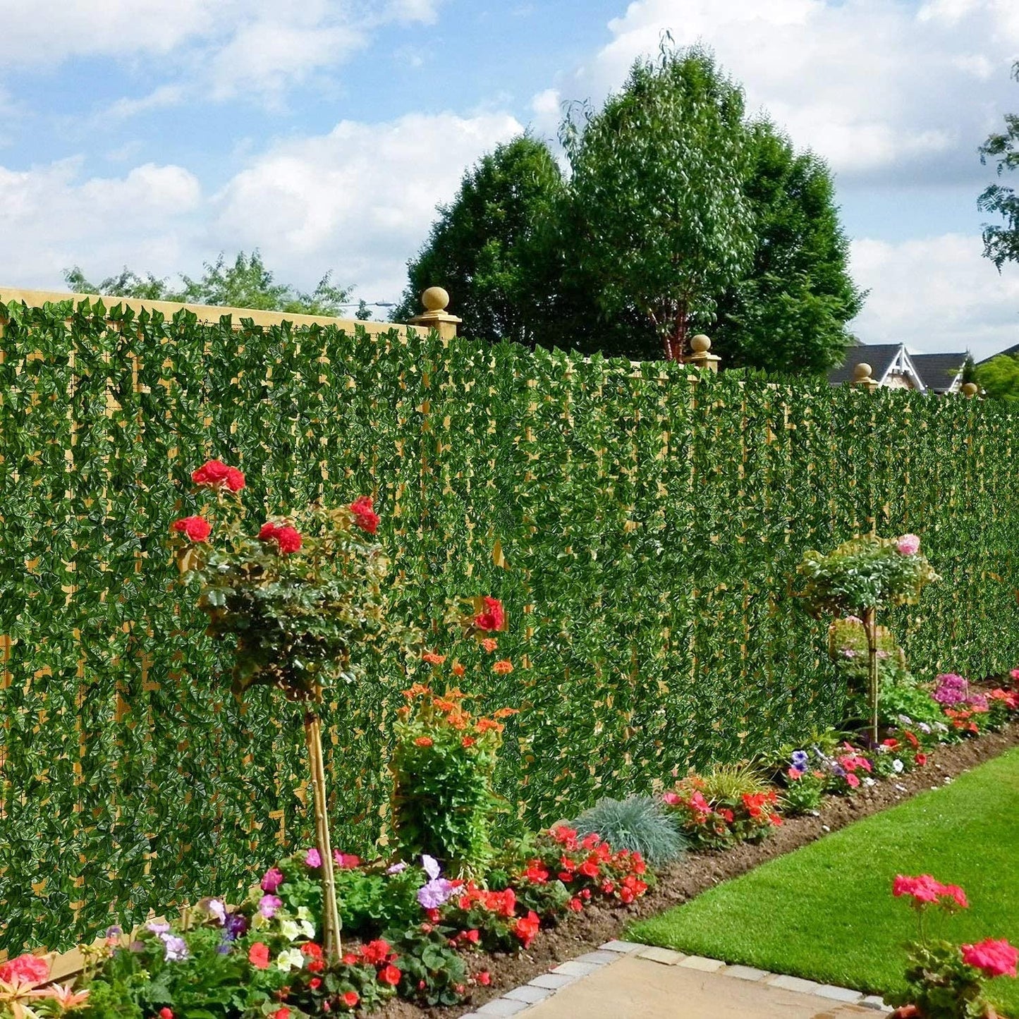 Artificial Ivy Fence Screening 5m x 1m, Green Fencing Hedge Roll Wall Privacy with 50 Green Cable Ties, Ivy Leaves Fence UV Fade Protected for Outdoor Garden Decor, Party, Wedding(39x118in)