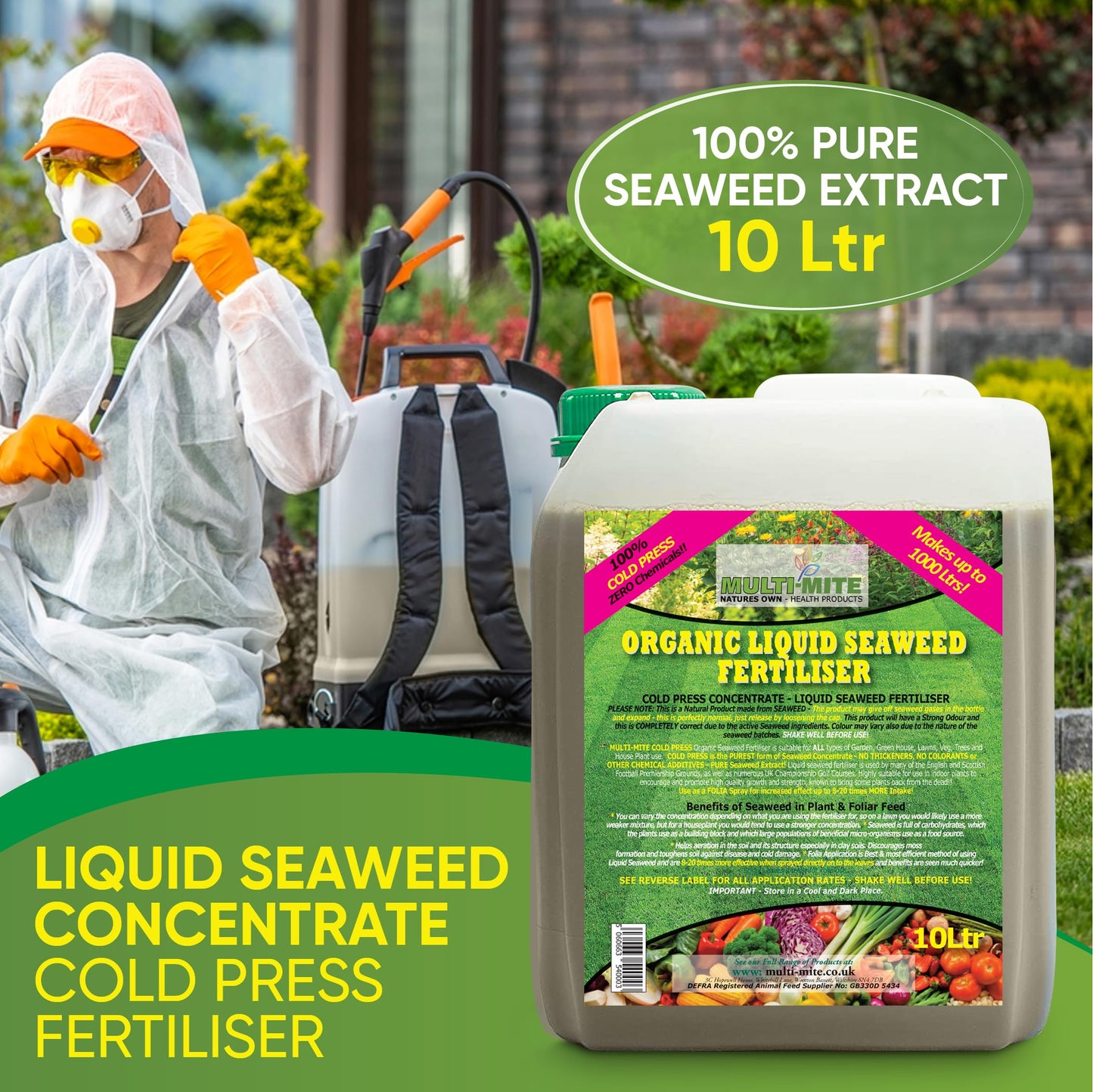 Multi-Mite 10 Ltr Liquid Seaweed – 100% Natural & Organic Concentrate Cold Pressed Plant Feed & Soil Fertiliser, Trees Lawn Veg & House Plants Root or Foliar Feeding