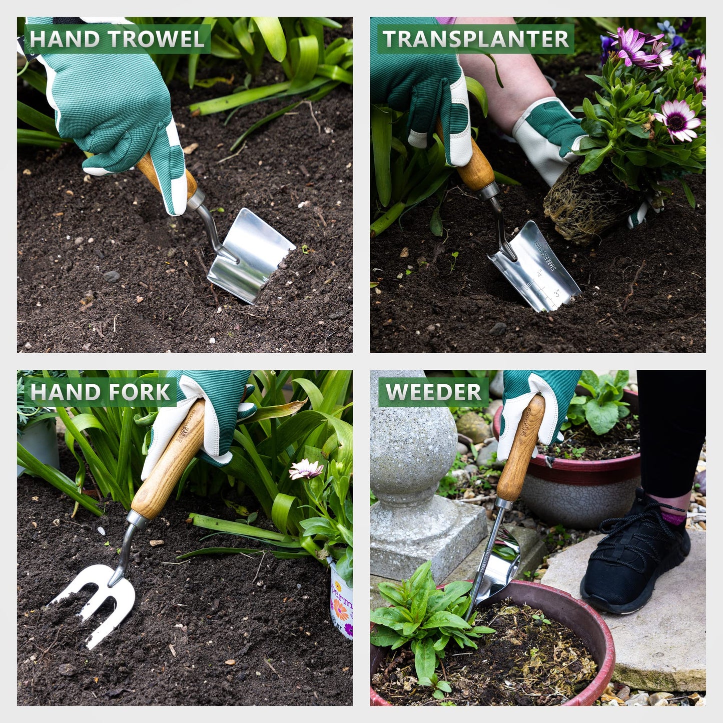 Kingswood Green® 4-Piece Garden Tool Gift Set | Ash Wooden Handles | Trowel, Hand Transplanter, Weeder & Fork | Made with Stainless Steel