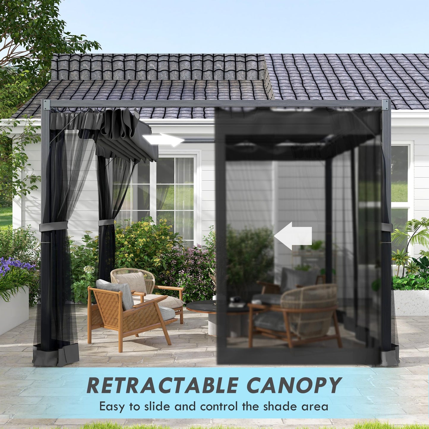 Outsunny 3 x 3 m Pergola with Retractable Roof Canopy and Netting Sidewalls, Aluminium Frame Garden Gazebo Outdoor Sun Shade Shelter for Grill, Patio, Deck, Dark Grey