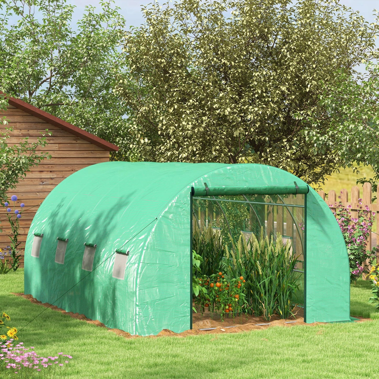 Outsunny 4 x 3(m) Polytunnel Greenhouse with Sprinkler Irrigation System, Walk-in Green House for Garden with Wide Roll-up Door, 8 Mesh Windows, Galvanised Steel Frame, Green