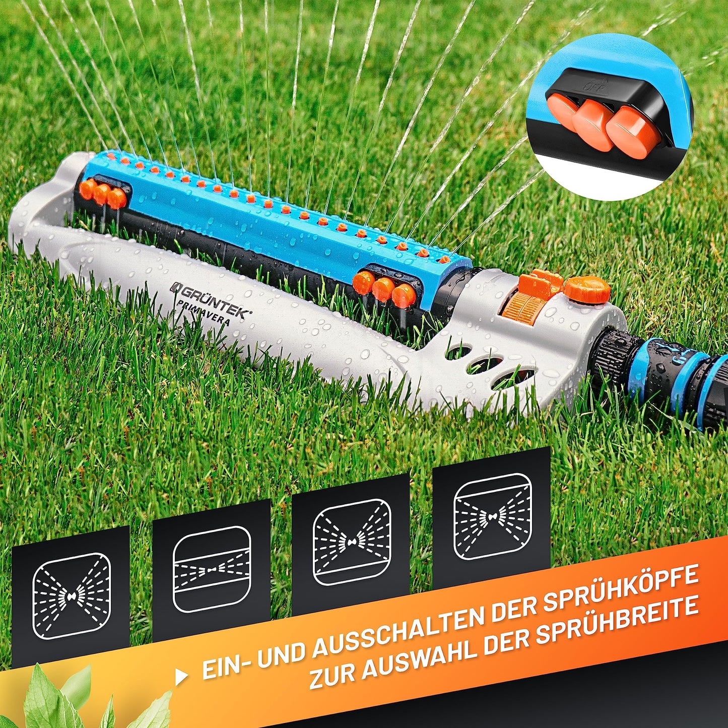 GRÜNTEK Oscillating Sprinkler up to 462 m2 with TURBO Motor. Rectangular lawn bar sprinkler for larges surfaces.