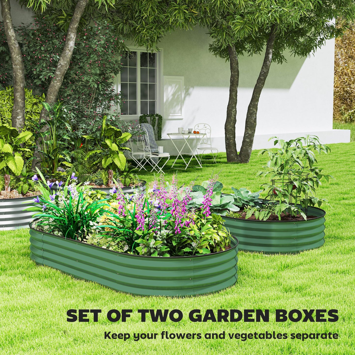 Outsunny Set of 2 Raised Beds for Garden, Outdoor Galvanised Planter Box with Plant Support Stakes, Rubber Strap Edging and Bottomless for Flower, Vegetable, 181 x 93 x 30 cm, Green