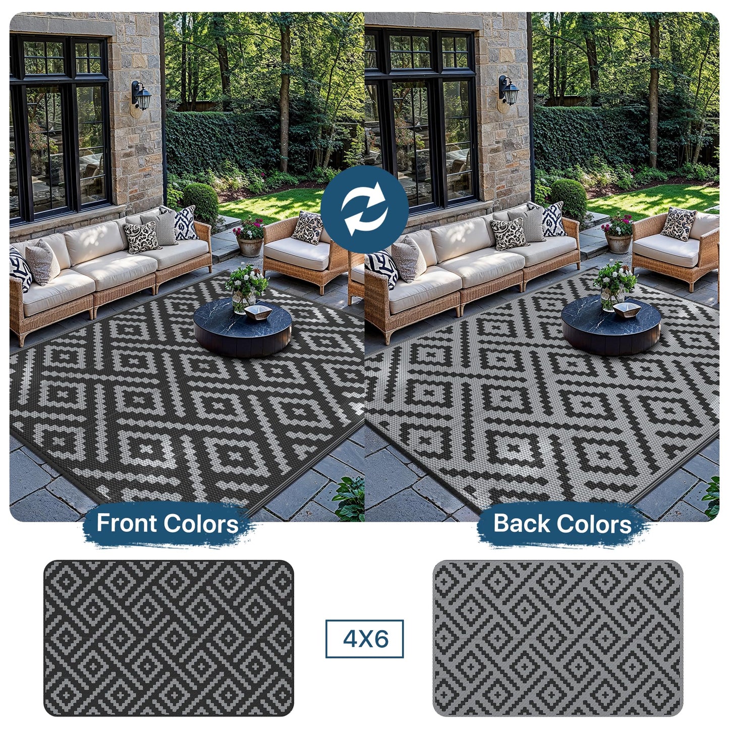 GENIMO Outdoor Rug Garden Rugs Waterproof Reversible Recycled Outdoor Carpet Washable UV Resistant Modern Area Rugs for Patios, Picnic, Backyard, 120 * 180cm, Black & Grey