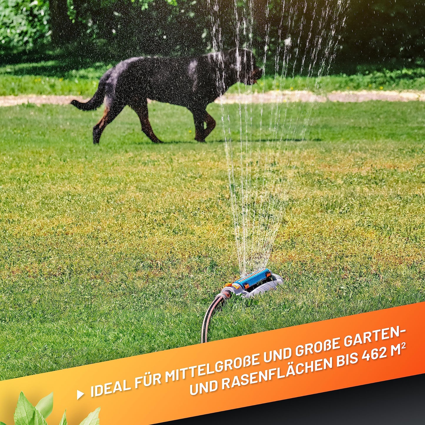 GRÜNTEK Oscillating Sprinkler up to 462 m2 with TURBO Motor. Rectangular lawn bar sprinkler for larges surfaces.